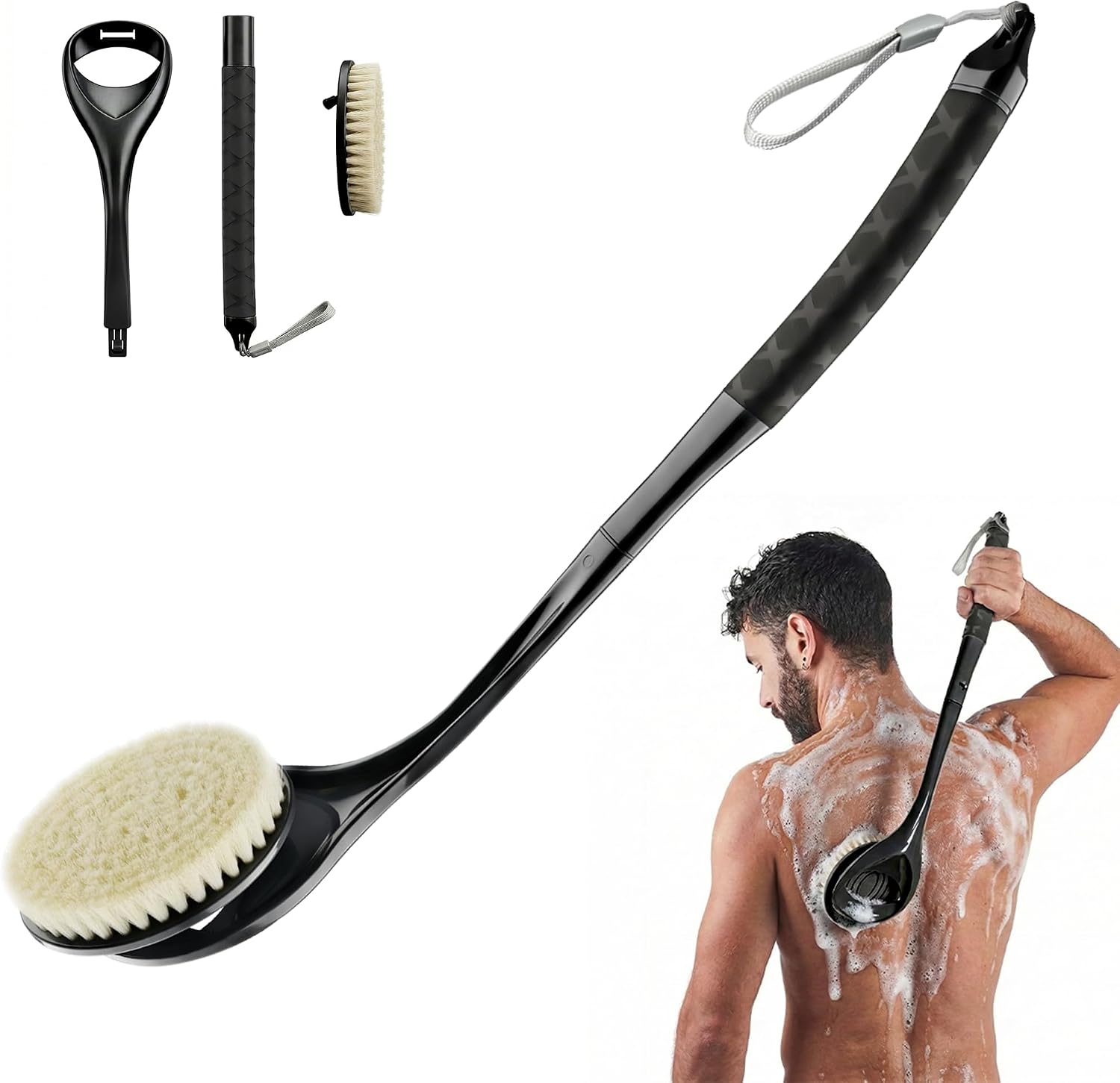 Gobiteli Back Scrubber,20.4" Detachable Long Handle Back Washer for Shower,Shower Brush for Body for Men,Women(Black)