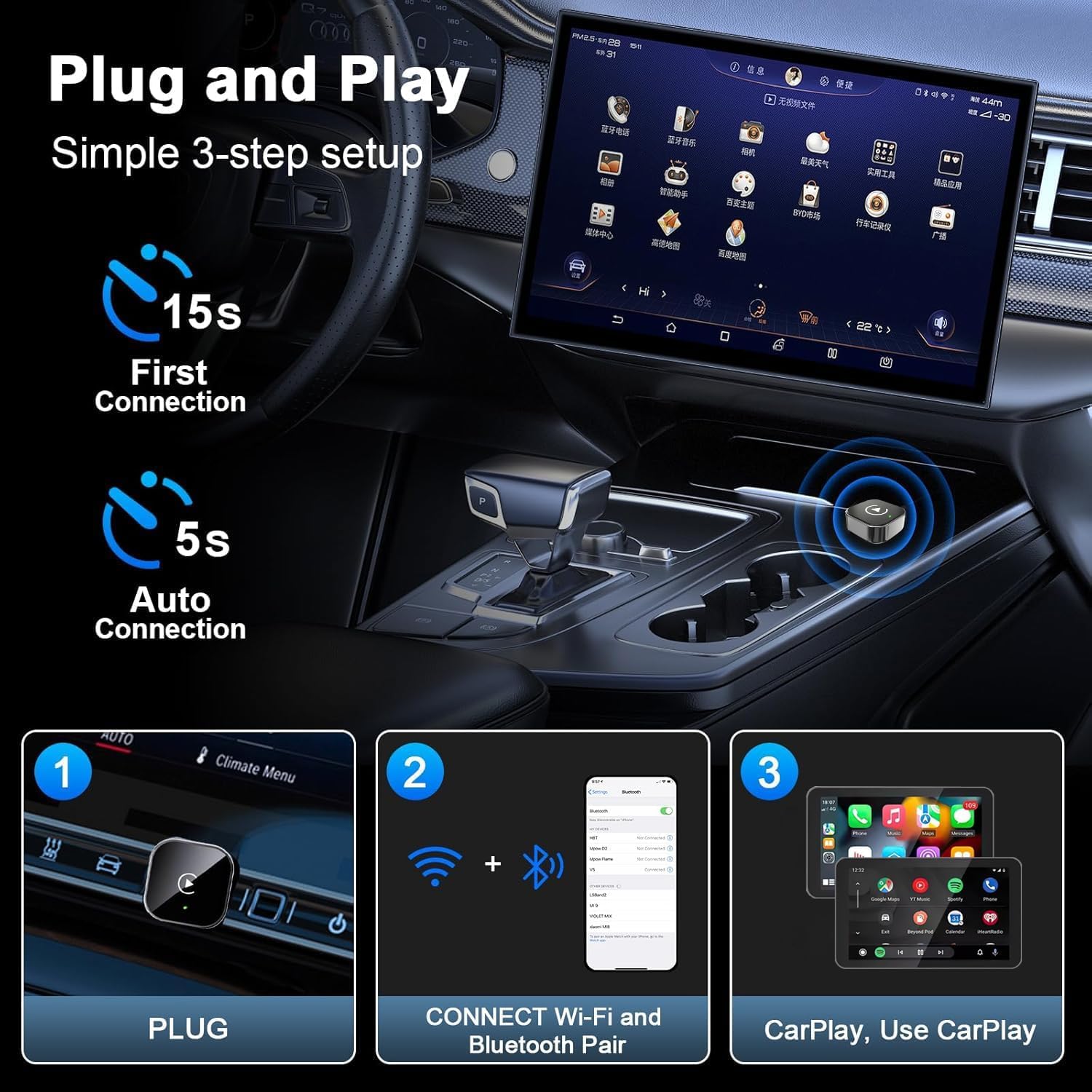 Wireless CarPlay Adapter,Schnelles Upgrade auf Kabellos für Apple CarPlay & Android Auto, Plug & Play, Bluetooth 5.0, Mini & stabile 5GHz WLAN, kompatibel iOS 10+/Android 11+ & Autos ab 2016