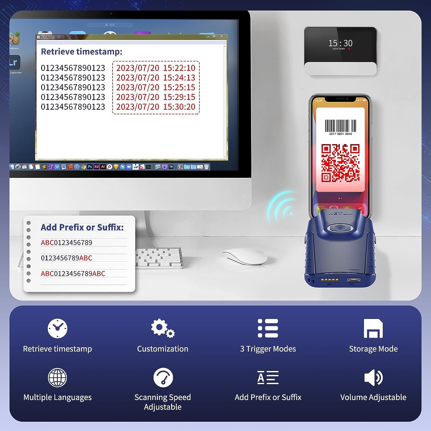 NETUM E950 Bluetooth 2D-Barcode-Scanner, 3-in-1 Kleiner Tragbarer QR-Barcode-Leser, Automatischer Kabelloser Pistolen-Scan-Rückenclip, Funktioniert mit Tablet iOS Android Windows MacOS