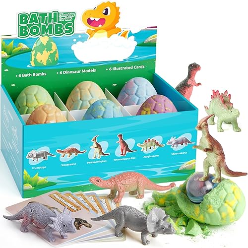 Bombas de baño de huevos de dinosaurio para niños con sorpresa en el interior, 6 paquetes de juguetes de baño de dinosaurios para niños, niñas,