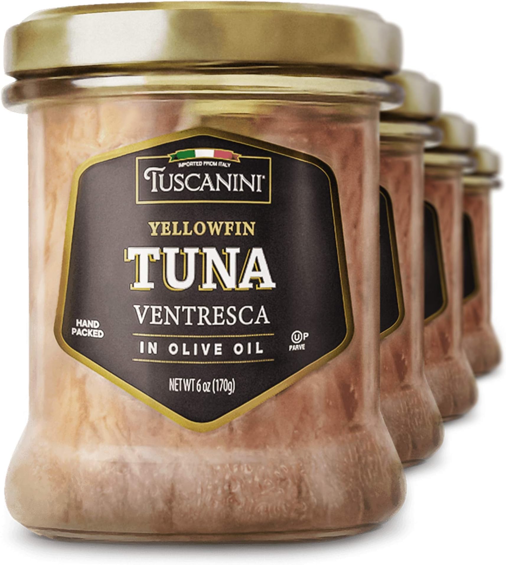 Real Italian Yellowfin Ventresca Tuna in Pure Olive Oil 6oz (4 Pack), The Filet Mignon of Fish, Gluten Free, Soy Free, Mineral Enriched, Soft & Buttery Mouth Feel, Product of Italy