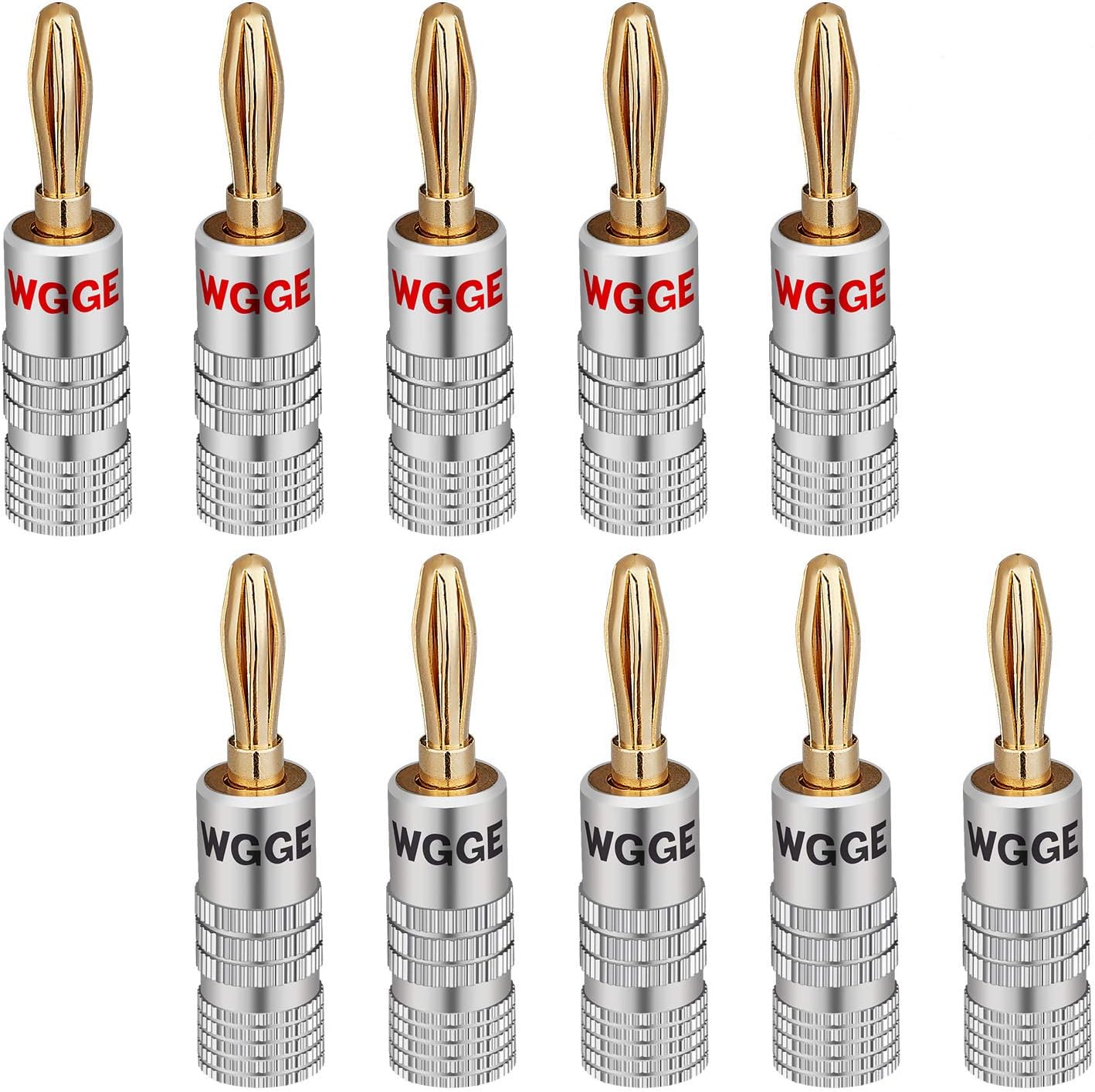 WGGE WG-009 Banana Plugs Audio Jack Connectors, 24k Gold Dual Screw Lock Jack Speaker Banana Connectors for Speaker Wire, Wall Plate (5 Pairs (10 Plugs))