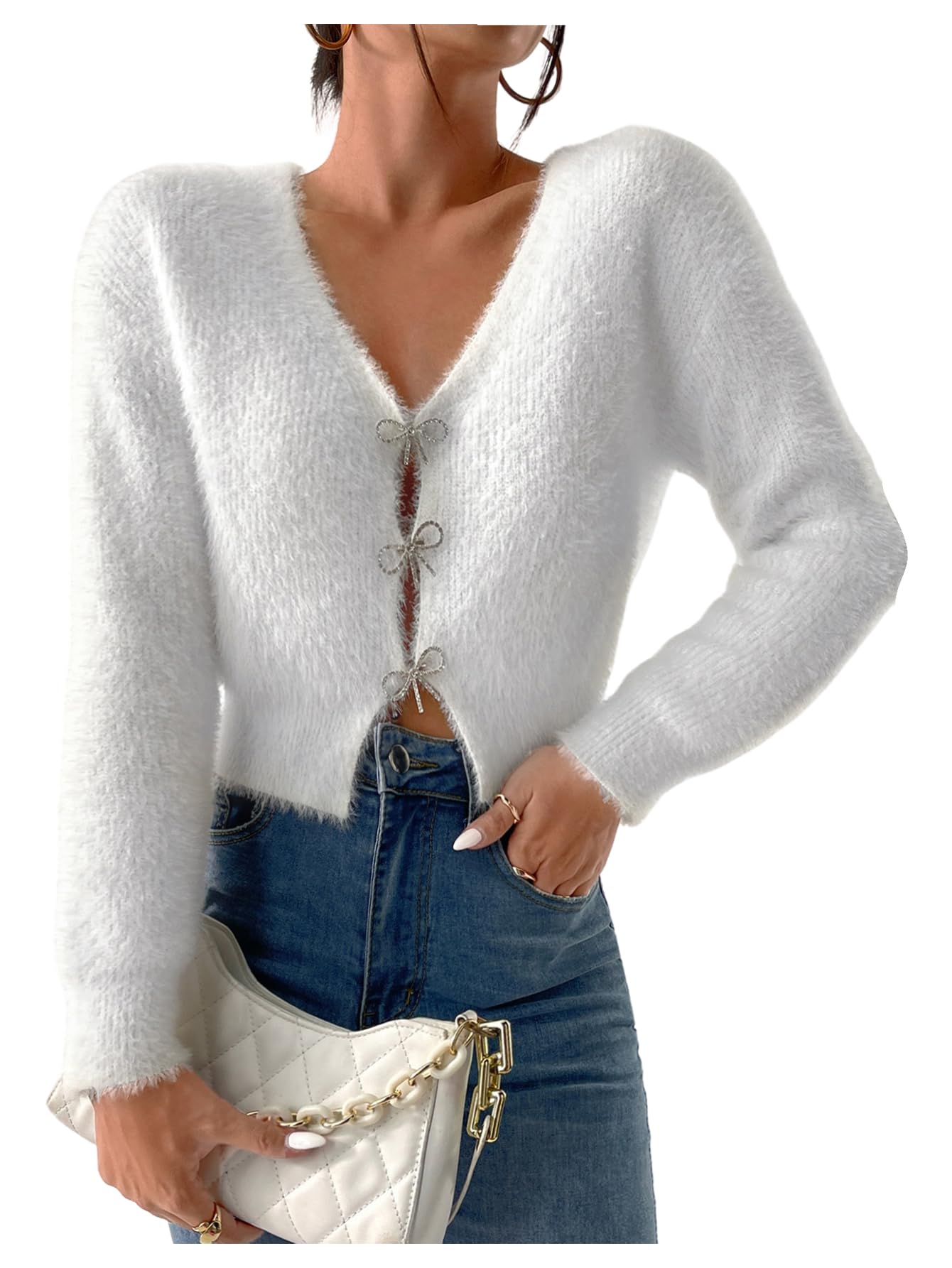 Verdusa Womens Fuzzy Cut Out Cardigan Going Out Rhinestone Bow V Neck Cropped Sweaters