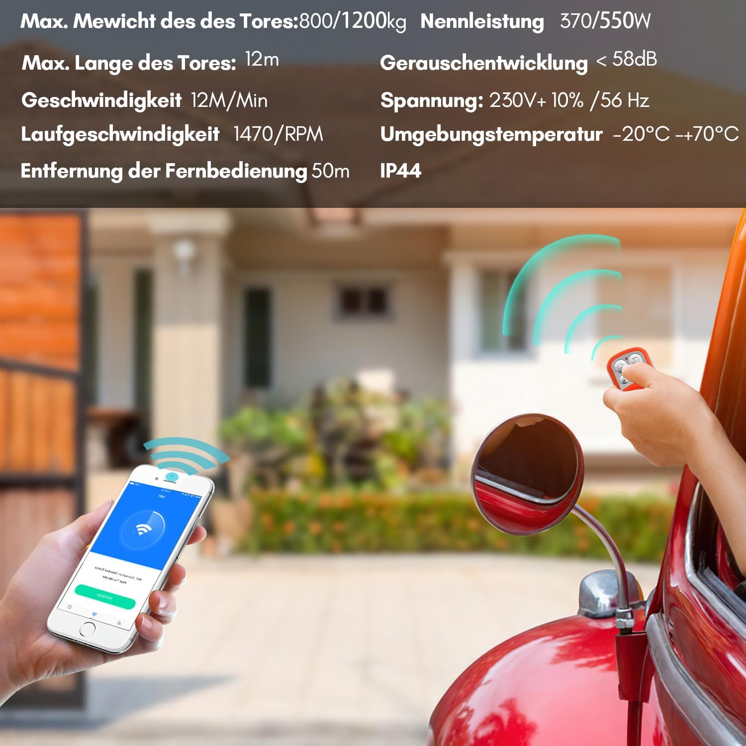 Fiqops sliding gate opener with technical specifications displayed in German