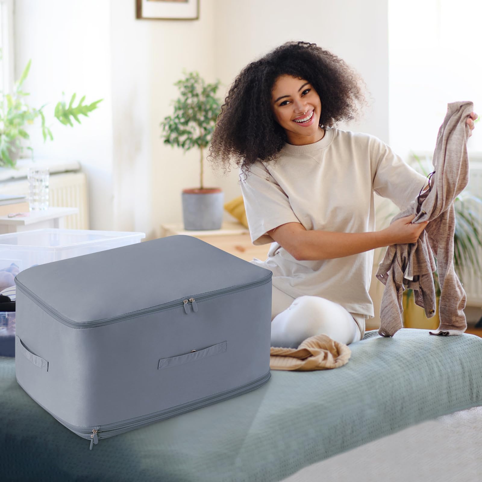 HEVOY Ultra Space Saving Self Compression Organizer, Self Compression Storage Bags, Foldable Closet Organizers Storage Tote, Moving Bag Containers with Handle for Comforters, Blankets (Blue, Large)