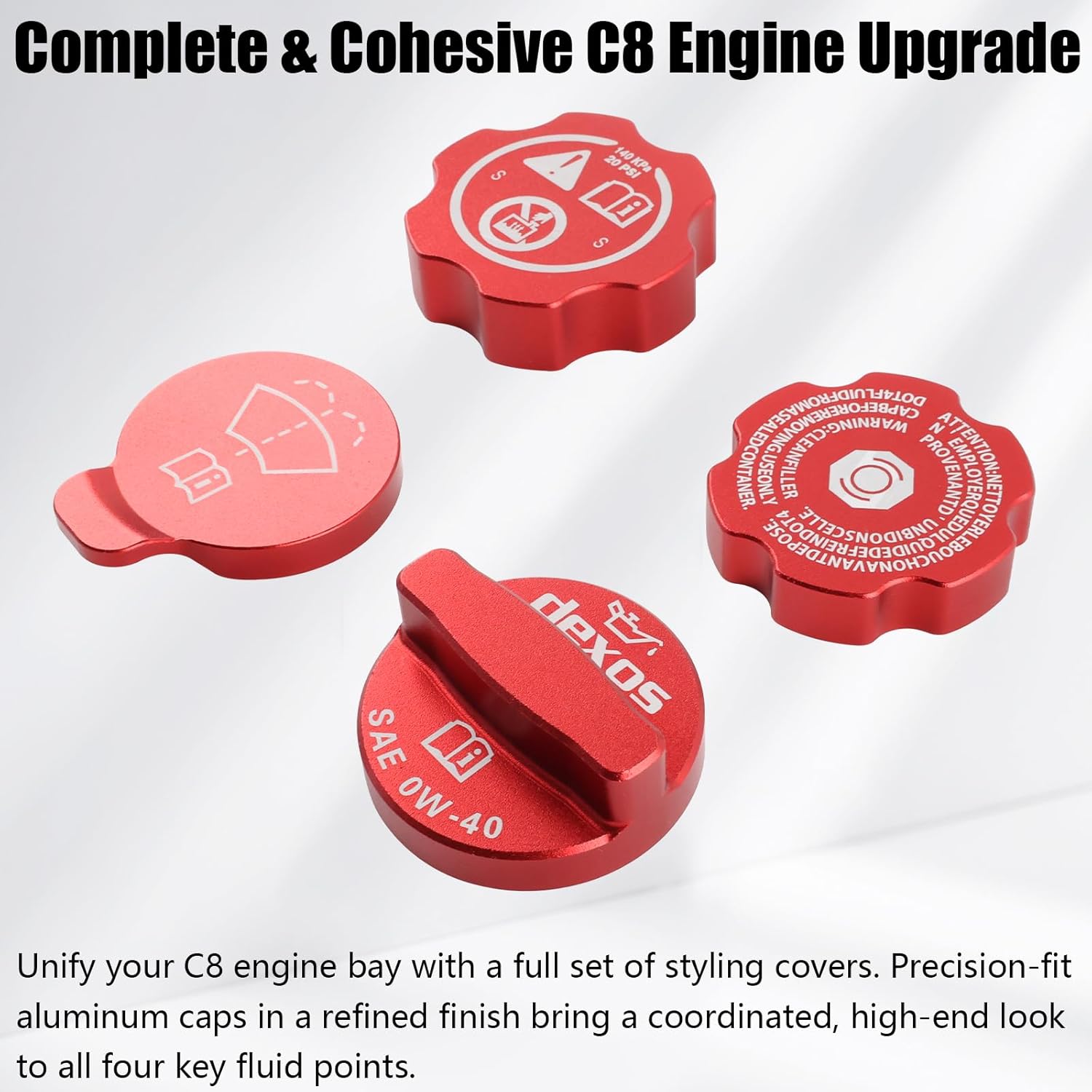 Red Aluminum Alloy Engine Oil Cap Cover Trim Set Compatible with Corvette C8 2020-2024 include Engine Oil Cap Cover Radiator Cap Cover Washer Fluid Cap Cover Brake Fluid Cap Cover