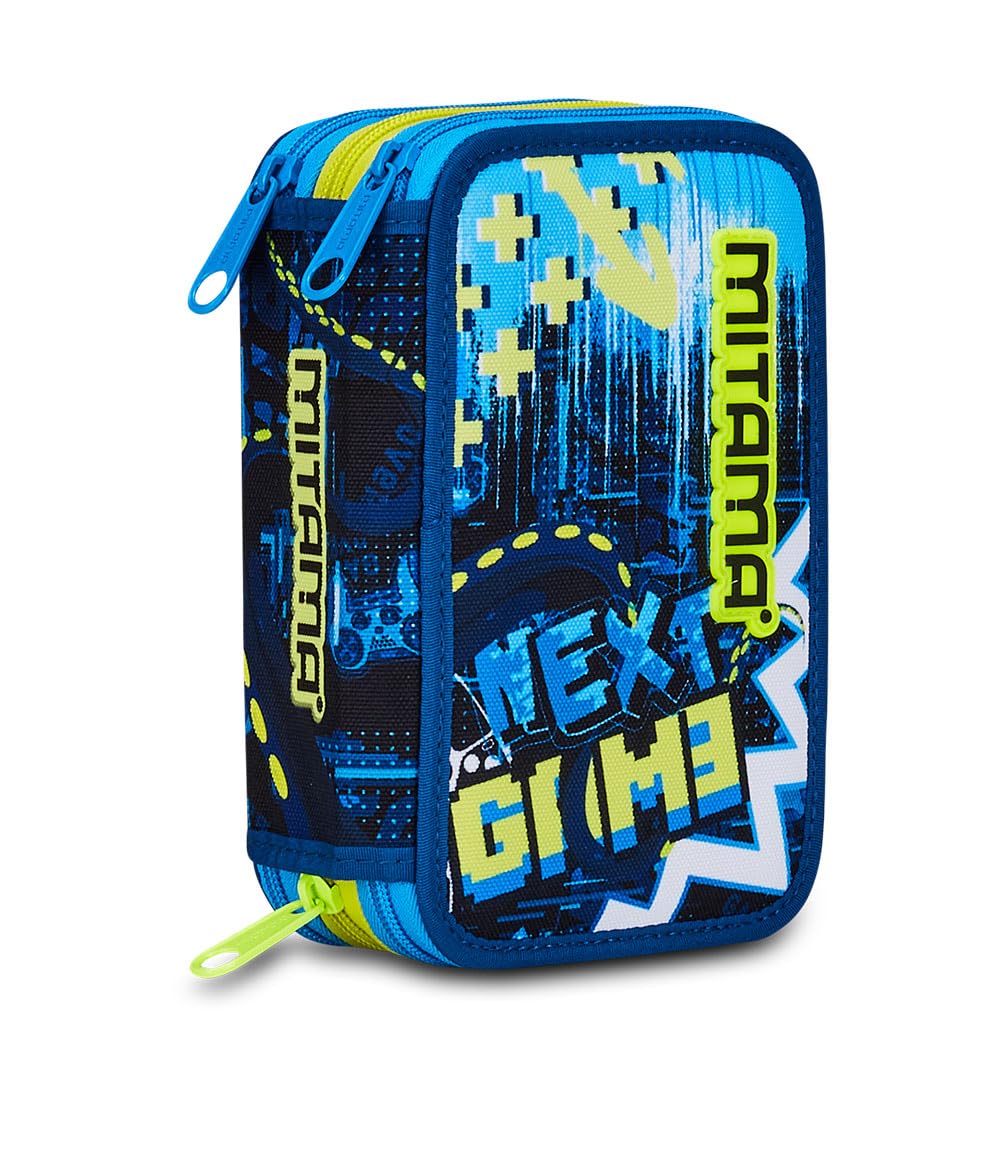 Mitama Estuche Escolar con 3 Compartimentos, Triple OCTOGAMER, Contenido 47 Piezas, Completo de lápices, rotuladores, portalápices Escuela Primaria niño, Turquesa, Talla única, Estuche con 3