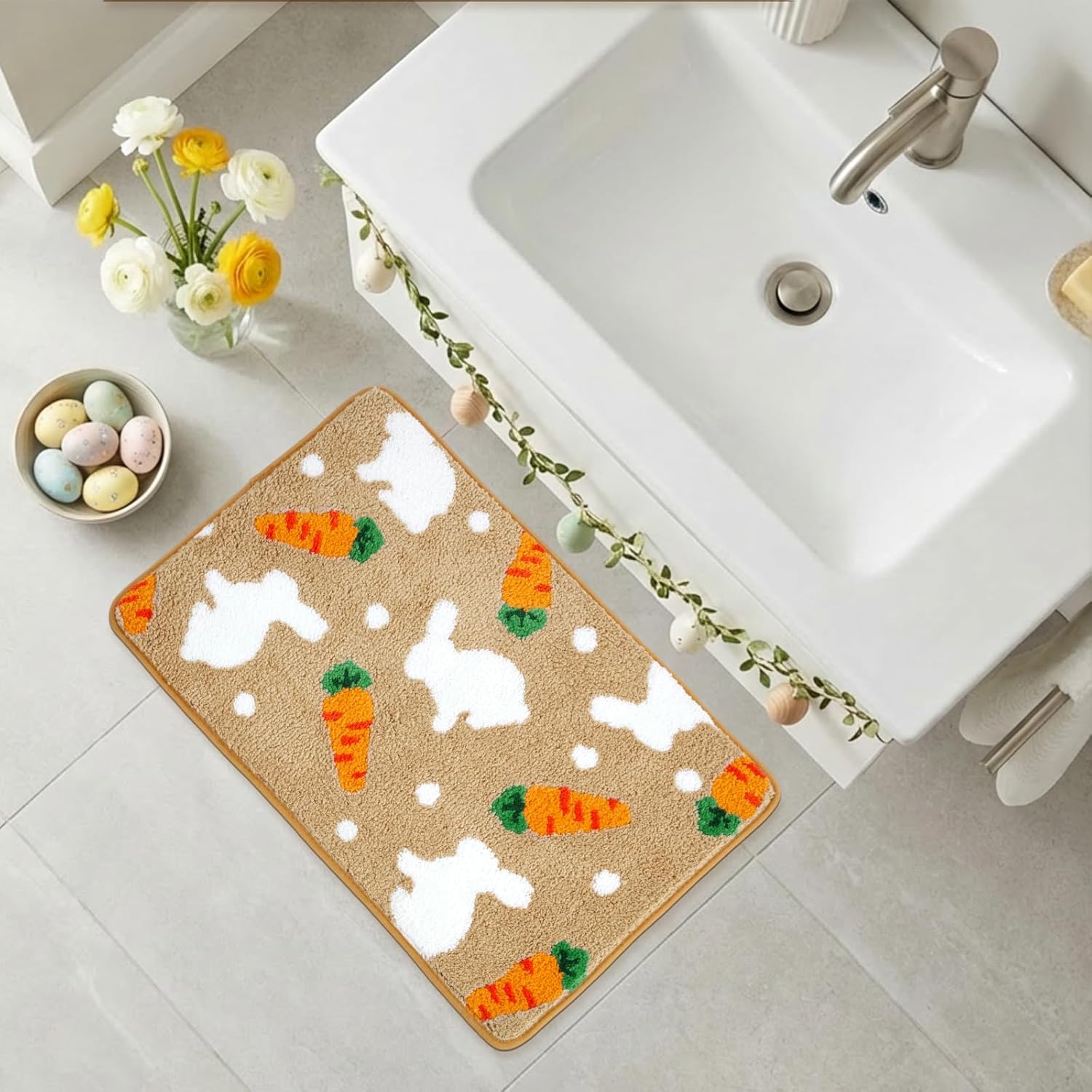 Moutina Easter Carrots Bunny Bathroom Rug 20x32 Inch, Spring Soft and Absorbent Tufted Easter Bath Mat Non Slip Washable, Farmhouse Bathroom Decor Rug Earthy Yellow Decorations