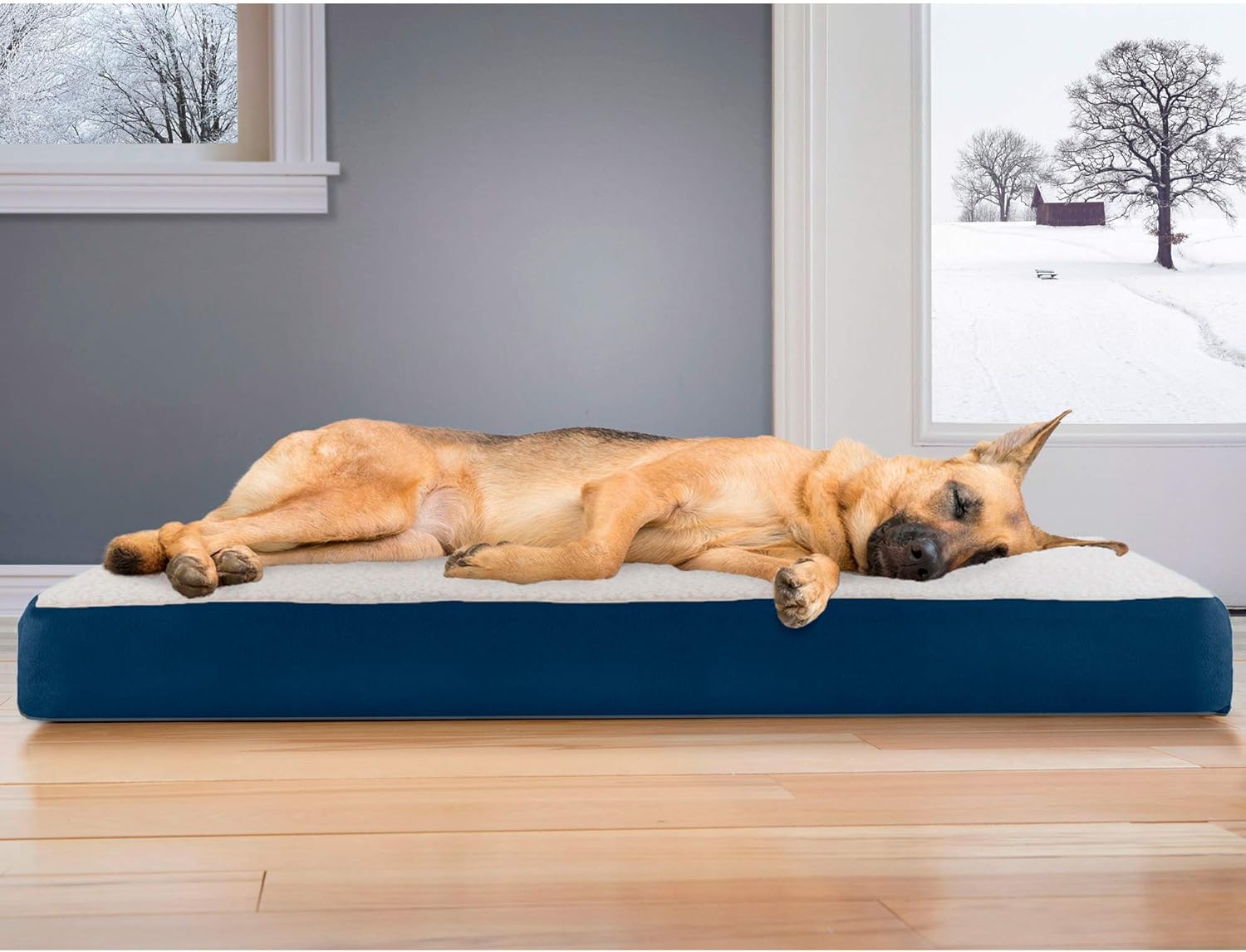 Furhaven Sherpa & Suede Mattress Memory Foam Dog Bed - Navy, Jumbo (X-Large)