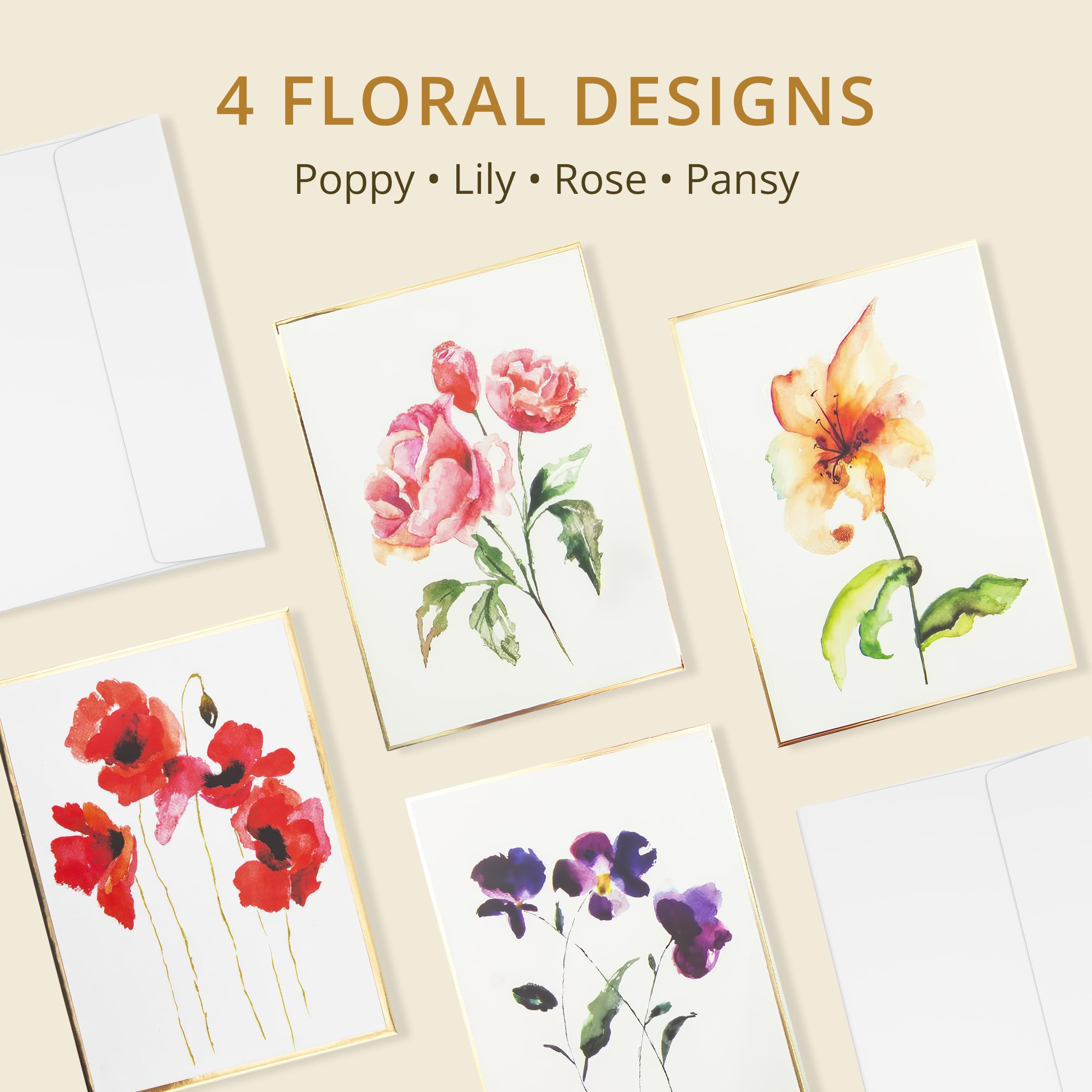 Graphique Grußkarten mit Aquarellblumen, 20 Stück, blanko Notizkarten mit Umschlägen, 4 verschiedene Blumen-Designs mit Goldfolien-Rändern, Box für personalisierte Notizen, 10,8 x 15,2 cm