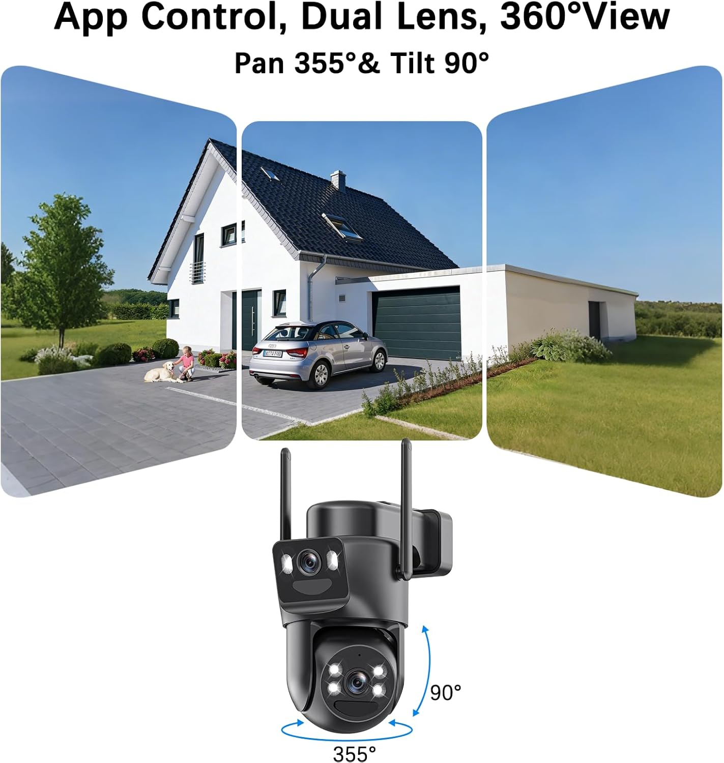 BEENOCAM 4K Dual Lens Solar Security Cameras Wireless Outdoor, 4 Cam-Kit, 360° PTZ Home Security System with Color Night Vision/Motion Detection/Spotlight Alarm/2.4G & 5G WiFi/32GB Local Storage