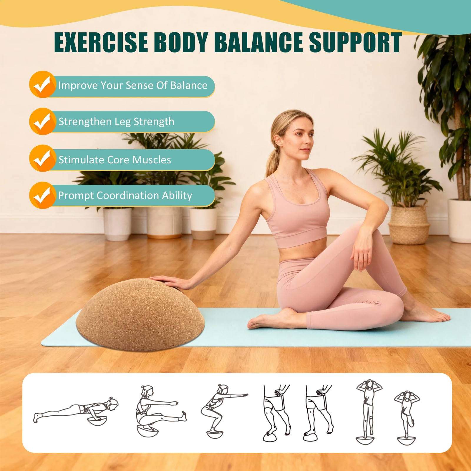 Balance Board Professionale in Legno, Yoga Balance Ball 30 x 10 cm fino a 200 kg mezza palla da ginnastica fitness forza del nucleo, stabilità, tavole