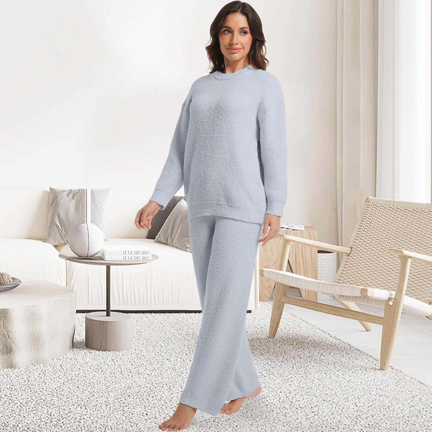 2 Piece Fleece Pajamas for Women Set Loungewear Outfits Knit Sweater Womens Long Sleeve Fuzzy Pajama Sets - Image 3