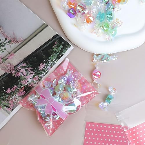 Miniatura 4 de Bitray 300 bolsas de dulces con patrón de lazo autosellante, color rosa, desechables, plástico sellado con adhesivo, material de OPP, cierre
