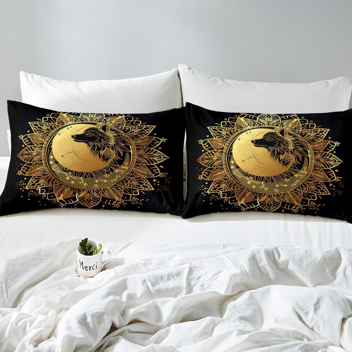 Erosebridal Boho Mandala Bed Sheets Bohemian Flower Fitted Sheet Full Size, Hippie Wolf Print Bedding Black and Gold Sheet, Tribal Ethnic Nordic Bed Cover (Deep Pocket)