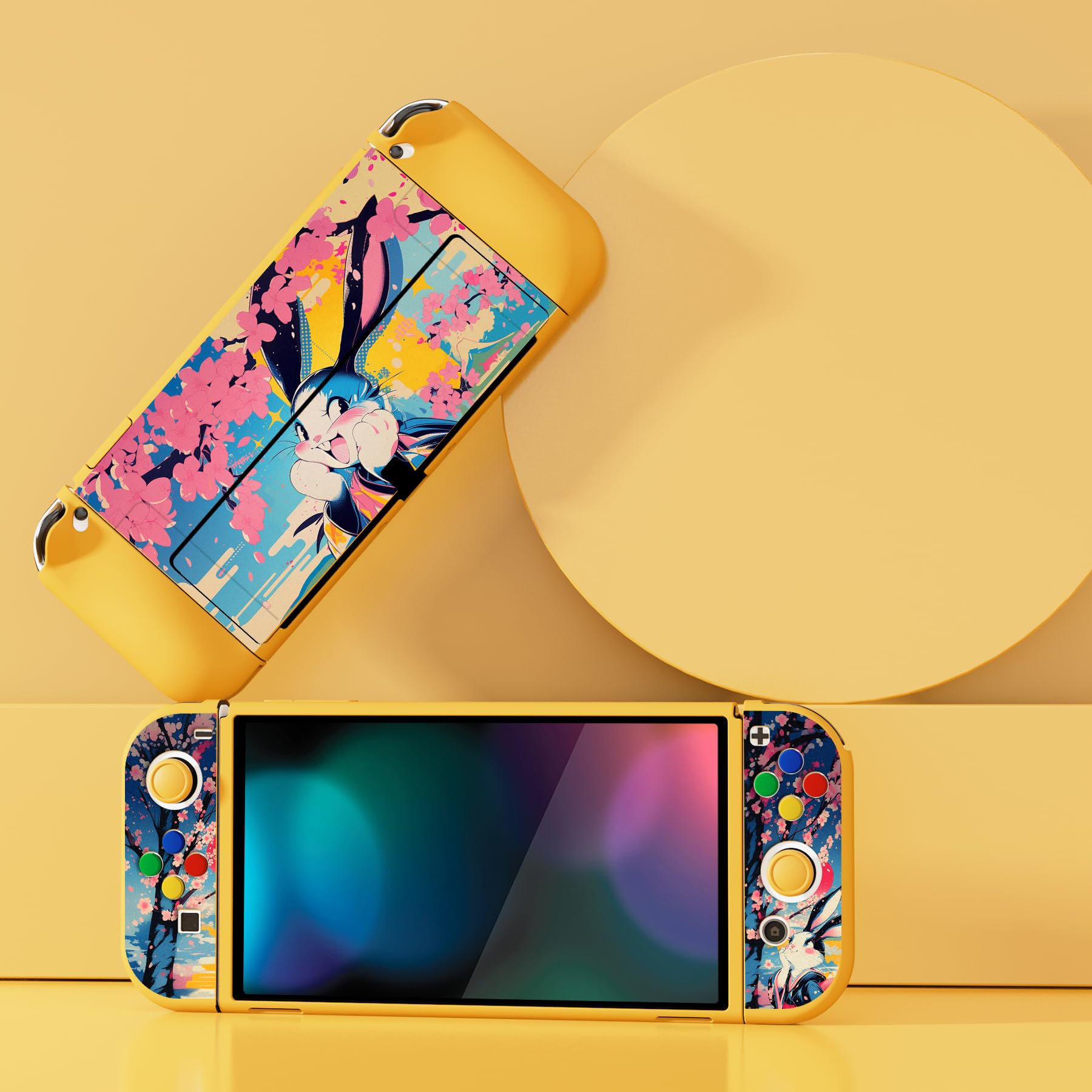 playvital Cover per Nintendo Switch OLED, Custodia Protettiva Copertura TPU Copri Analogici Accessori per Joycon Console, ZealProtect-Coniglietto Pop in Fiore
