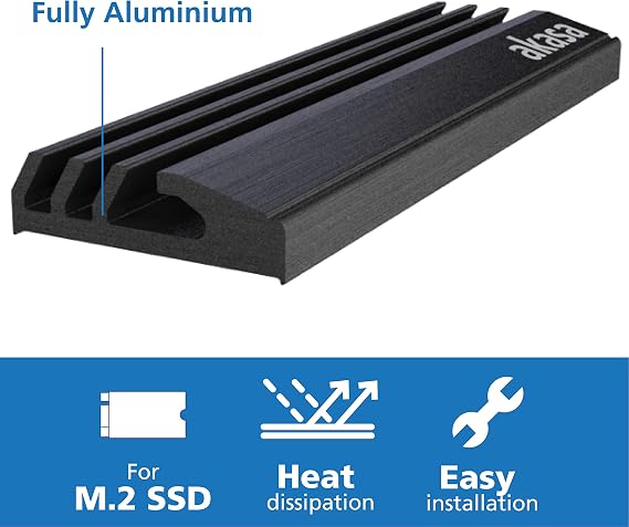Akasa M.2 SSD Heatsink | Aluminum Heatsink Cooling Fin | Pre-Applied Thermal Adhesive Tape | 71 x 22 x 6.4mm | Suitable for M.2 2280 SSD | Black | A-M2HS01-BK