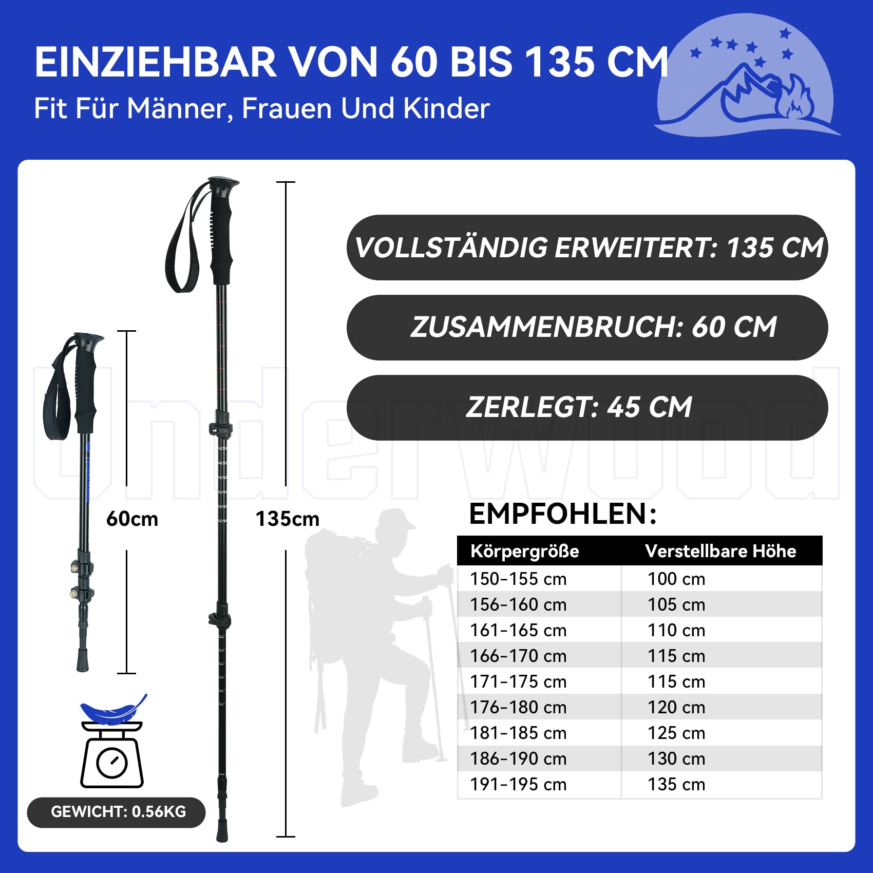 Nordic Walking Stick für Damen und Herren, Teleskop 2 Stück Wanderstöcke für Trekking, Aluminium Wanderstock, 60-135 cm Trekkingstöcke für Kinder, Adult, Verstellbar Wanderstöcke