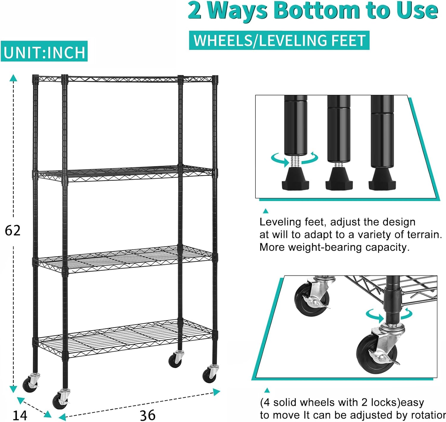 Storage Shelves with Wheels, Heavy Duty 4 Tier Garage Storage Rack, Adjustable Wire Shelving Unit, Metal Shelf Organizer for Pantry, Kitchen, Basement, 36" W x 14" D x 62" H, Black