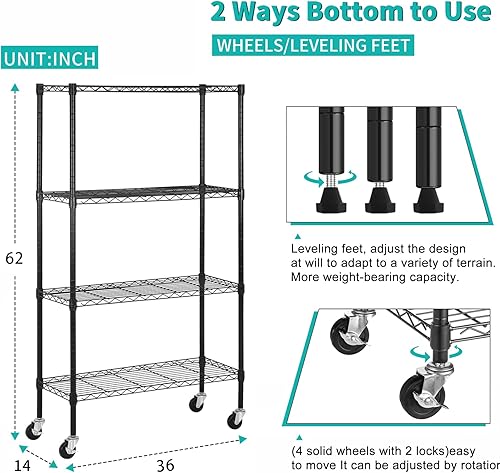 Miniatura 3 de YRLLENSDAN Estantes de almacenamiento de 4 niveles con ruedas, estante de alambre NSF, estantes de metal ajustables para despensa y cocina (36