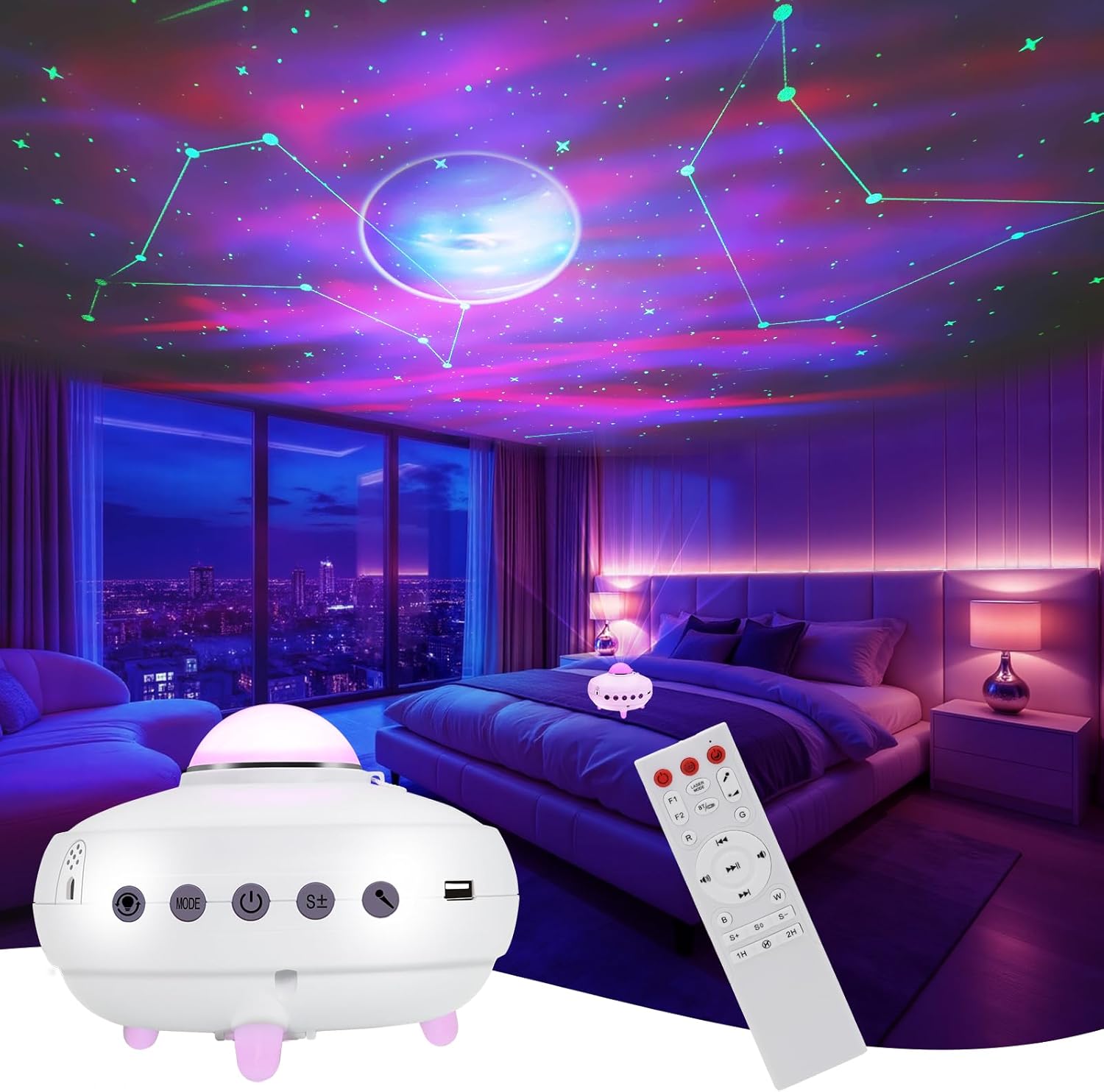 Galaxy Projector Star Projector， 12 Zodiac Constellations, 4 Aurora Color Combinations, Dynamic Star Clusters,Bluetooth Speaker. for Bedroom, Living Room, and Party Night Light Projector.