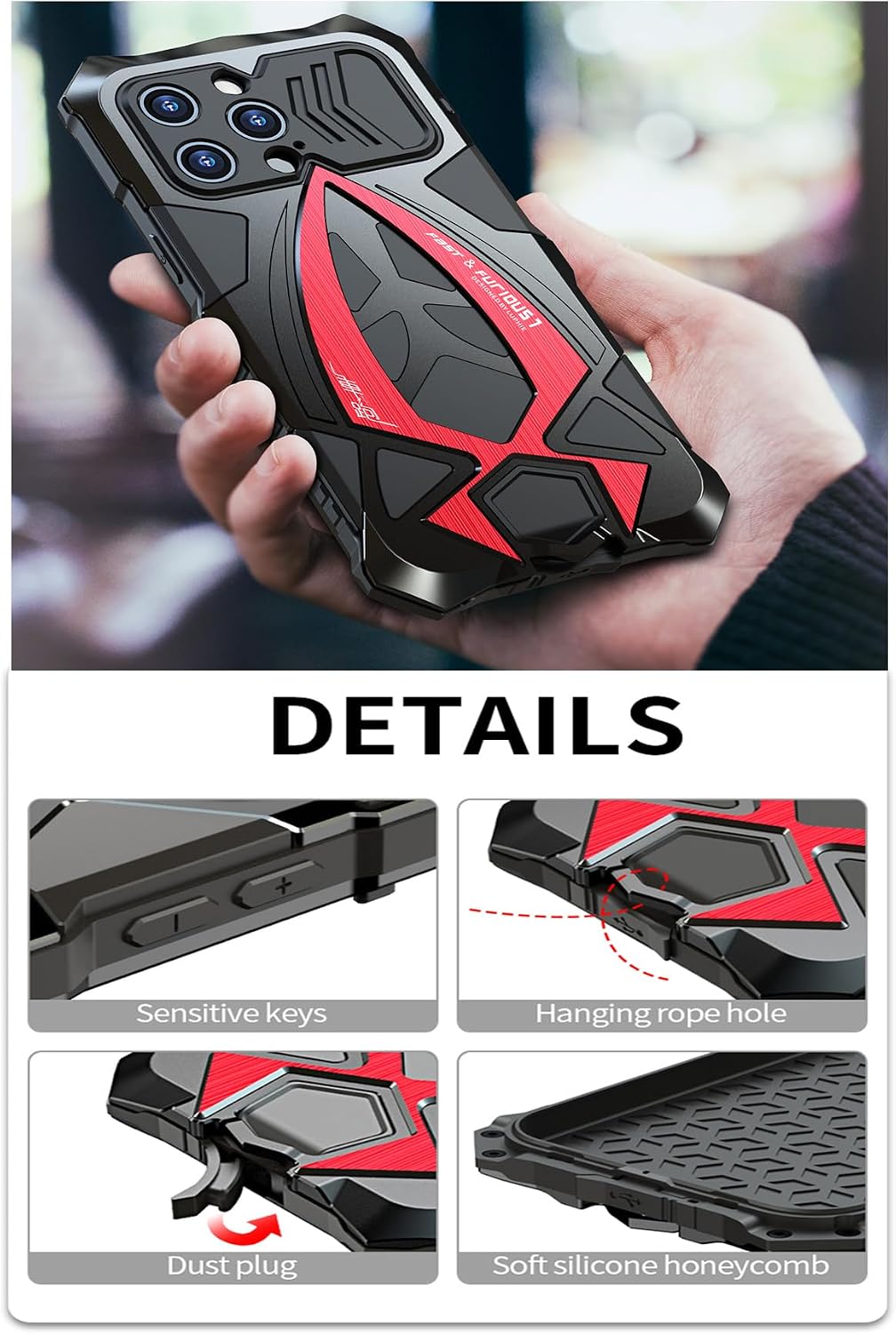 Outdoor Case for iPhone 16 Pro Max Military Protection Shockproof Cover Metal Bumper Case with Screen Protector - Red