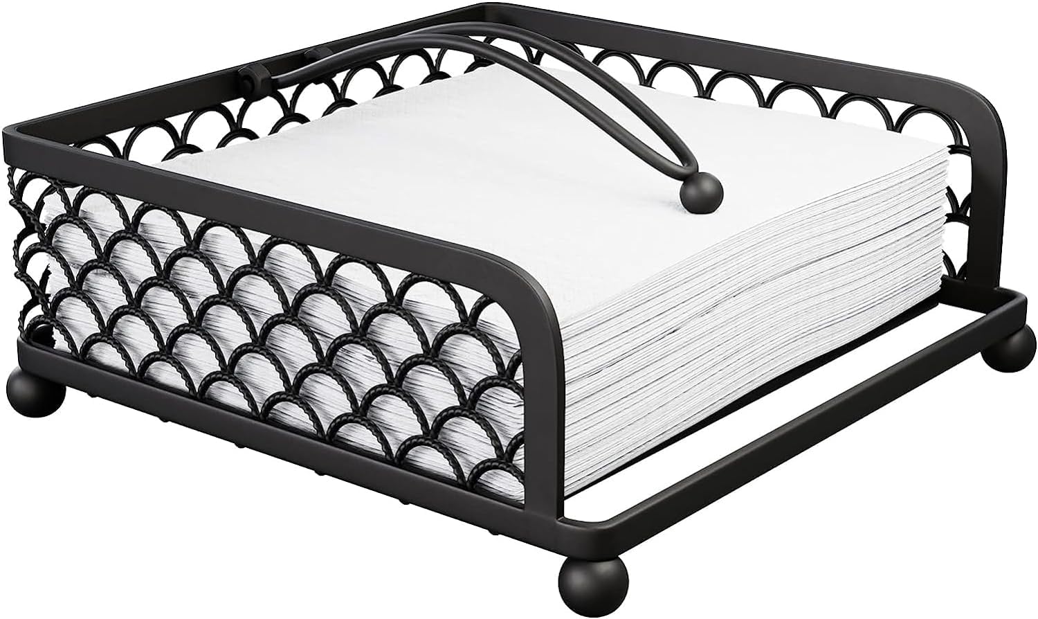 Elegant Flat Paper Napkin Holder with Dispenser Arm - Silver Napkin Holders for Table, Kitchen, Countertops & Outdoor Tables - Square Metal Lattice Dinner Napkin Holder (Black)
