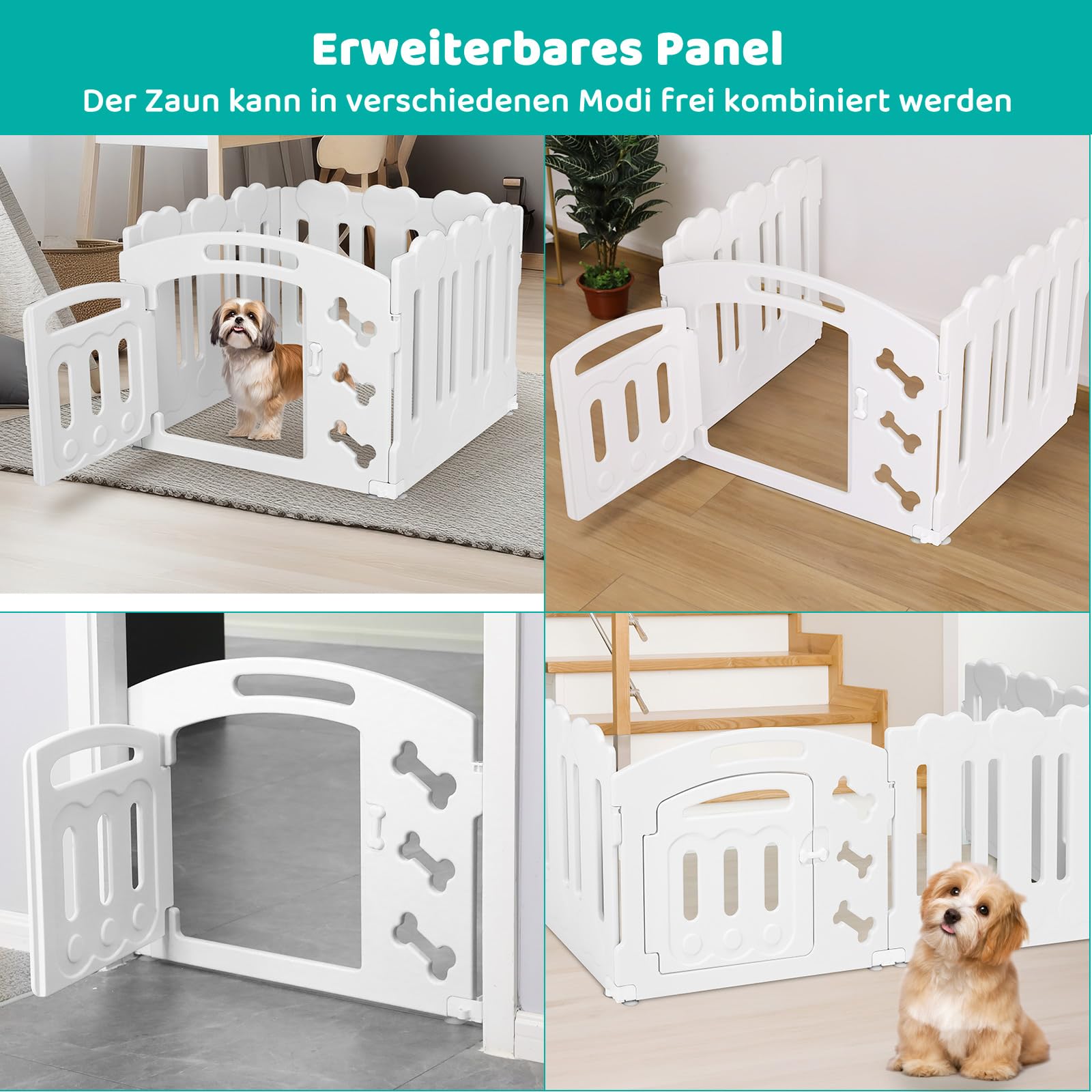 Recinto per Cani da Interno Esterno alto 60cm, Box per Cani 3+1 Pannelli, Recinzione per Cani Pieghevole, Recinto per Gatti in Plastica con Cancello, Incluse Ventose e Ancoraggi a Terra, Bianco