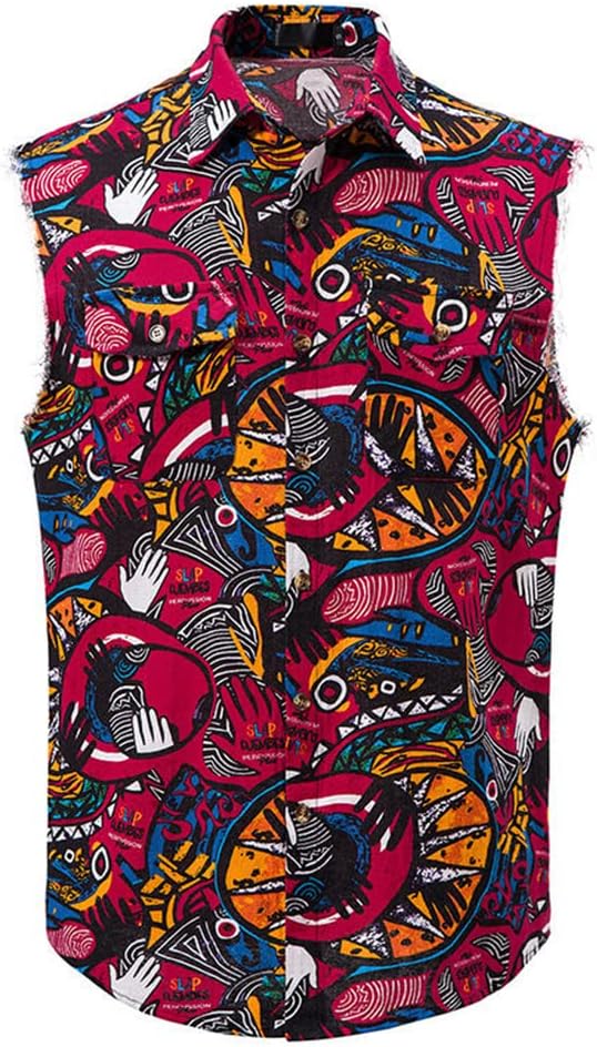 ZEMALONMen T-Shirt Sleeveless Print Men Trend Short Sleeve Casual Men Lapels Fashion Tops Youth Men Personality Vintage All-Match Shirt