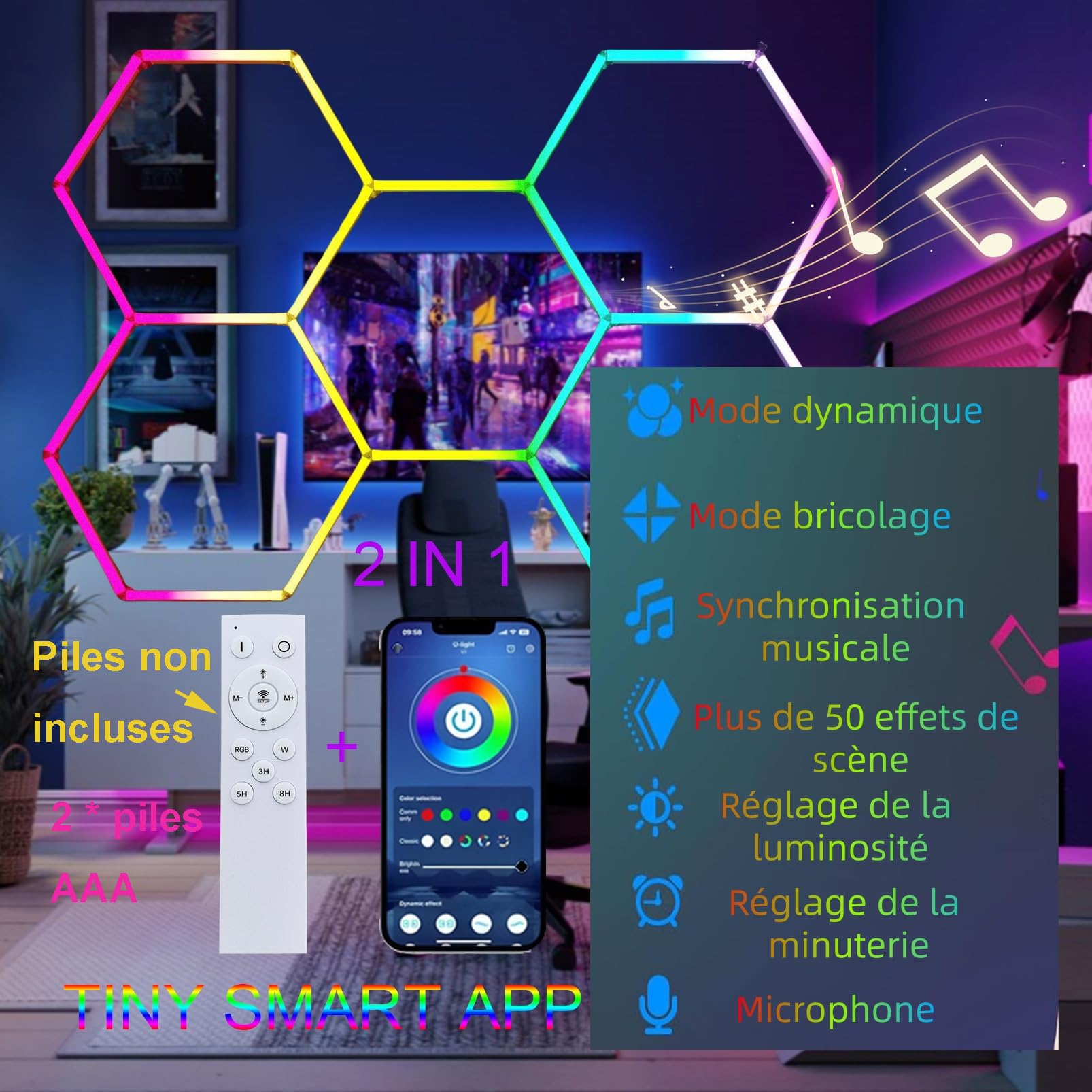 Plafonnier LED Hexagonal RGB Lampe de Garage LED Hexagonale Couleur pour Garage 360 Modes De Couleur Musique De Entrepôt, Salon De Beauté Automobile,RGB,5 Hex