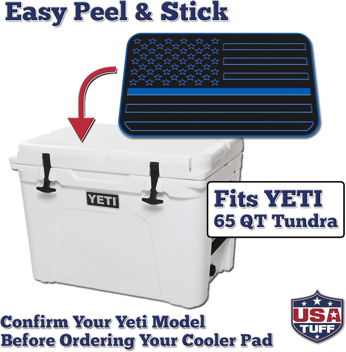 USATuff SeaDek EVA Mat Cooler Pad fits YETI | Peel & Stick Application | Non Slip Comfort Accessories - Blueline Flag First Responder Design (Black-BiminiBlue)