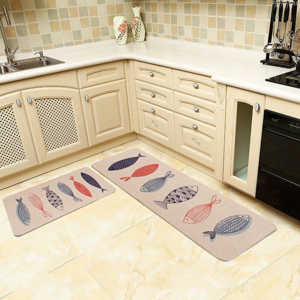 Kitchen Rugs,LEEVAN 2 PCS Vintage Microfiber Non-Skid/Slip Rubber Back Washable Doormat Floormat Area Rug Carpet (17" X 29"+17" X 47", Six Fishes)