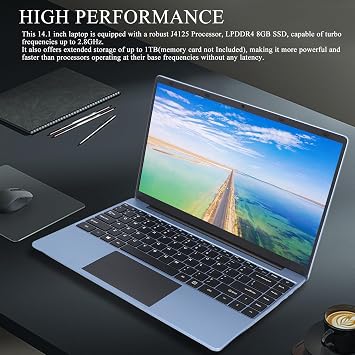 14.1 Inch Laptop Computer, For 11 PRO Laptop, J4125 Processor, 1920x1080 FHD Display Screen, USB3.0 LPDDR4 8GB Laptop Computer, Ultra Thin Notebook Laptop (8GB+512GB)