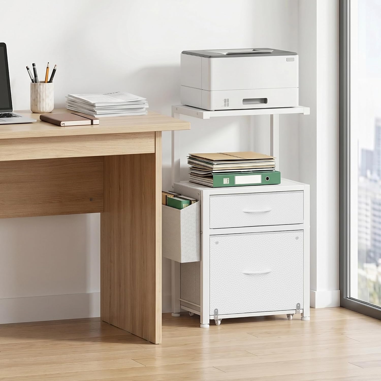 HIGDBFE File Cabinet with 2 Fabric Drawers and Printer Stand, White image 2