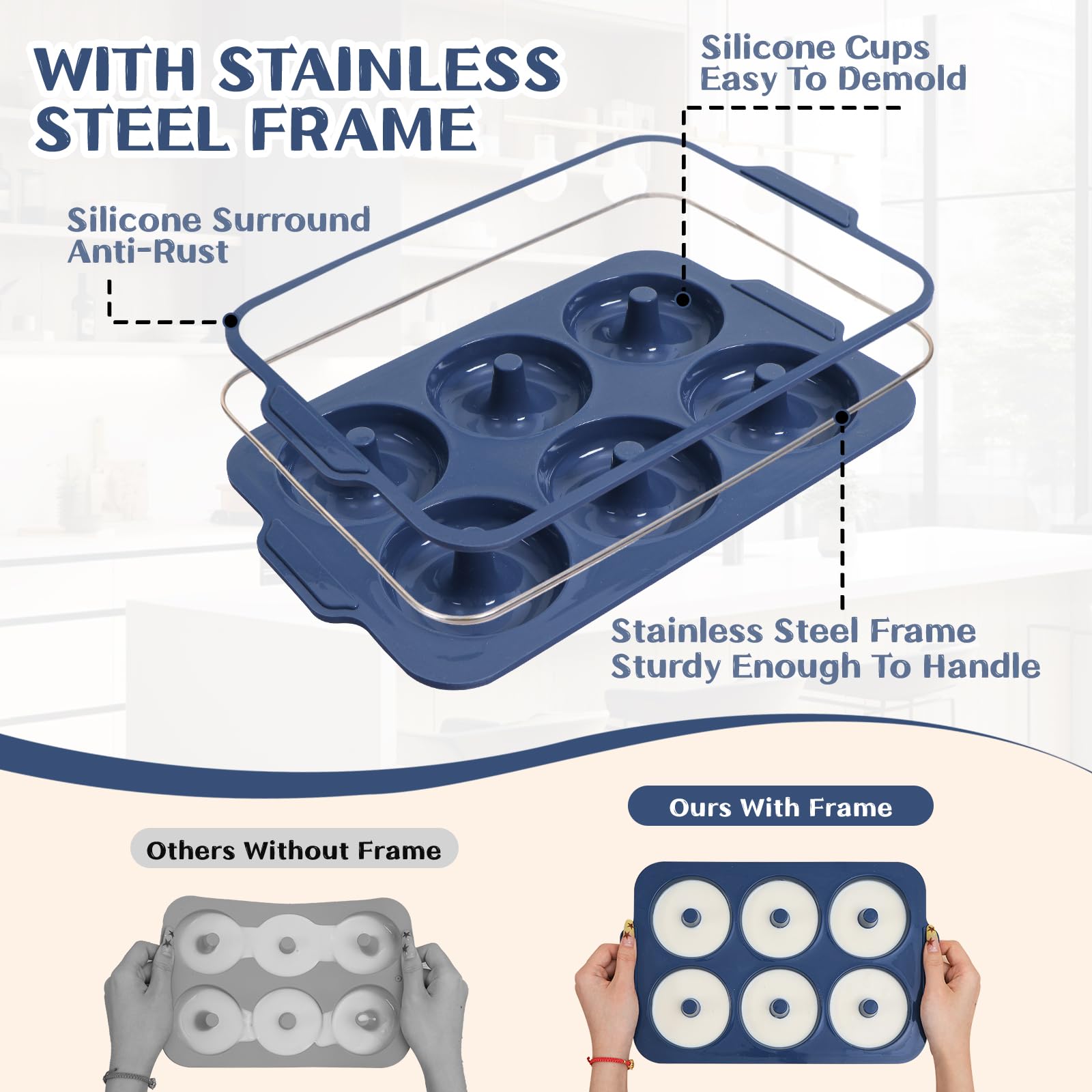 Molde de donas de silicona antiadherente: Sartén para donas de 3.5 pulgadas con marco de metal, moldes de silicona para hornear sin gluten glaseados de proteína vegana donas bagel - para horno 3