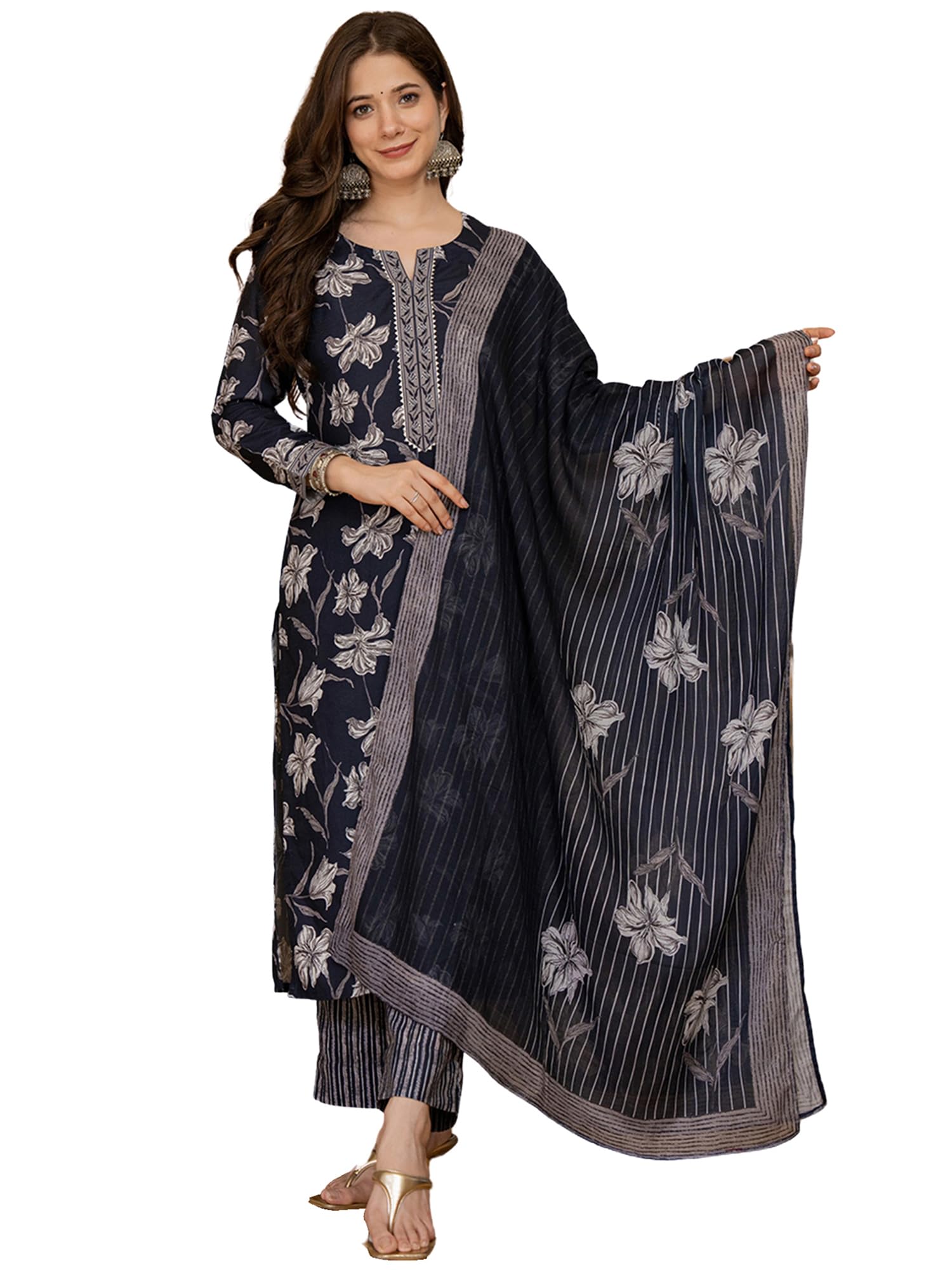 Vaamsi Women's Black Floral Straight Printed Kurta Pant With Dupatta Set, Xs