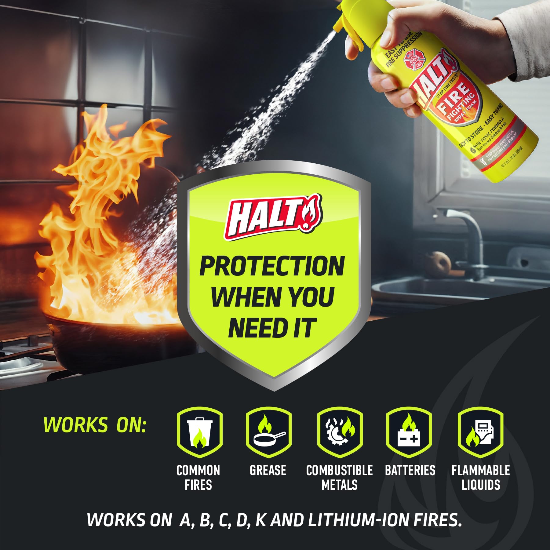 HALT! Espray de espuma contra incendios, no tóxico, sin PFAS, fácil de usar, almacenar y encontrar en emergencias, compacto y portátil, ideal para el hogar, cocina, apartamento, coche, barbacoa
