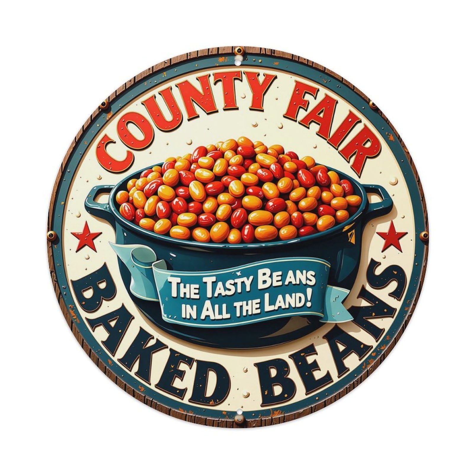Jdyaojiesheng Vintage County Fair Baked Beans Round Tin Sign Retro Metal Wall Decor Metal Poster, Home Bar Garage Farmhouse Cafe Wall Art Decoration 8X8inch