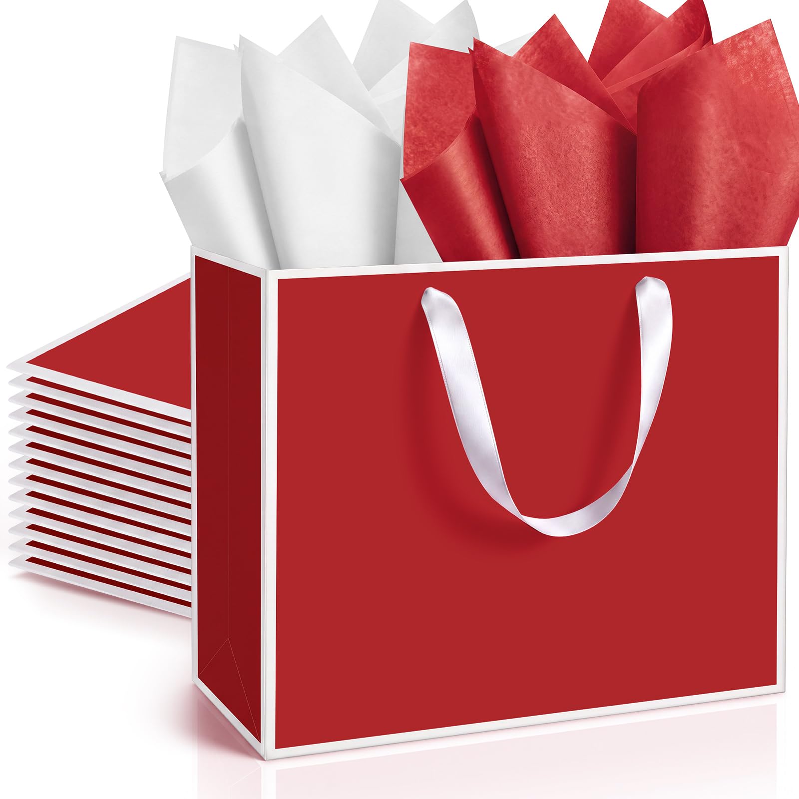 ReliThick 12 Pack Paper Gift Bag with Handles & Tissue, Red, White