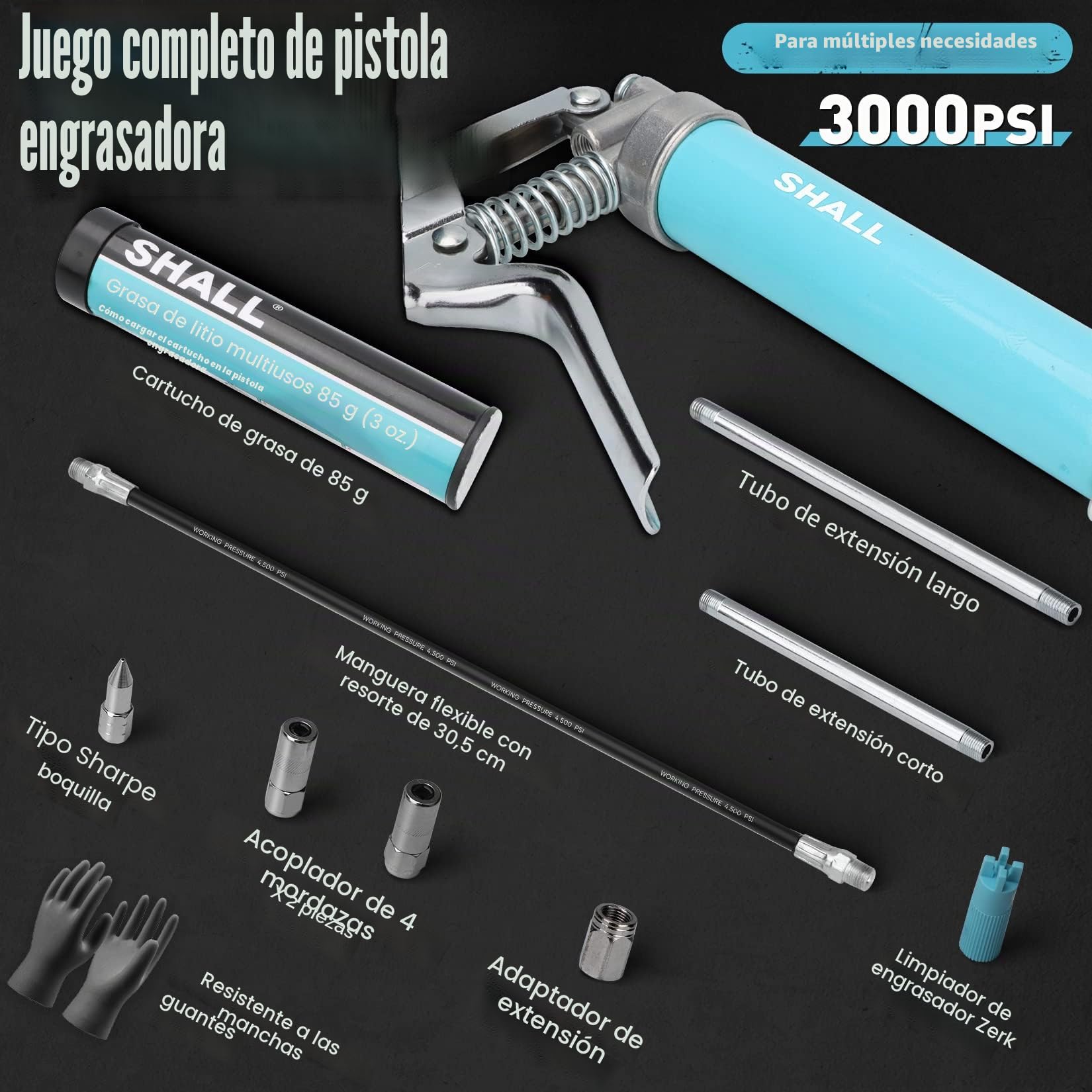 SHALL Mini pistola engrasadora, kit de pistola engrasadora pequeña (capacidad de 3.52 oz, 3000 PSI), boquilla afilada, adaptador de extensión, guante de PVC reforzado y limpiador de accesorios Zerk