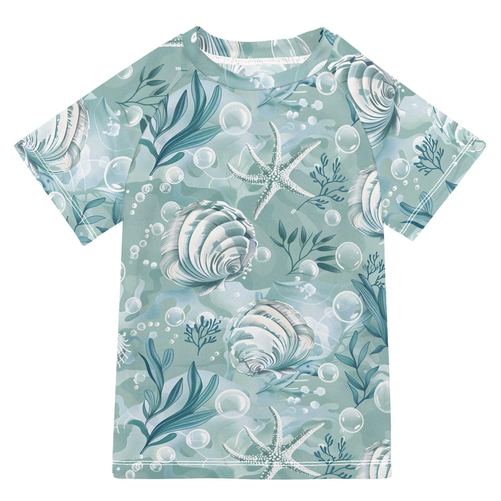 Kids Rash Guard Boys Toddler Swim Shirts Short Sleeve Seashells Algae Bubbles UPF 50+ 3T