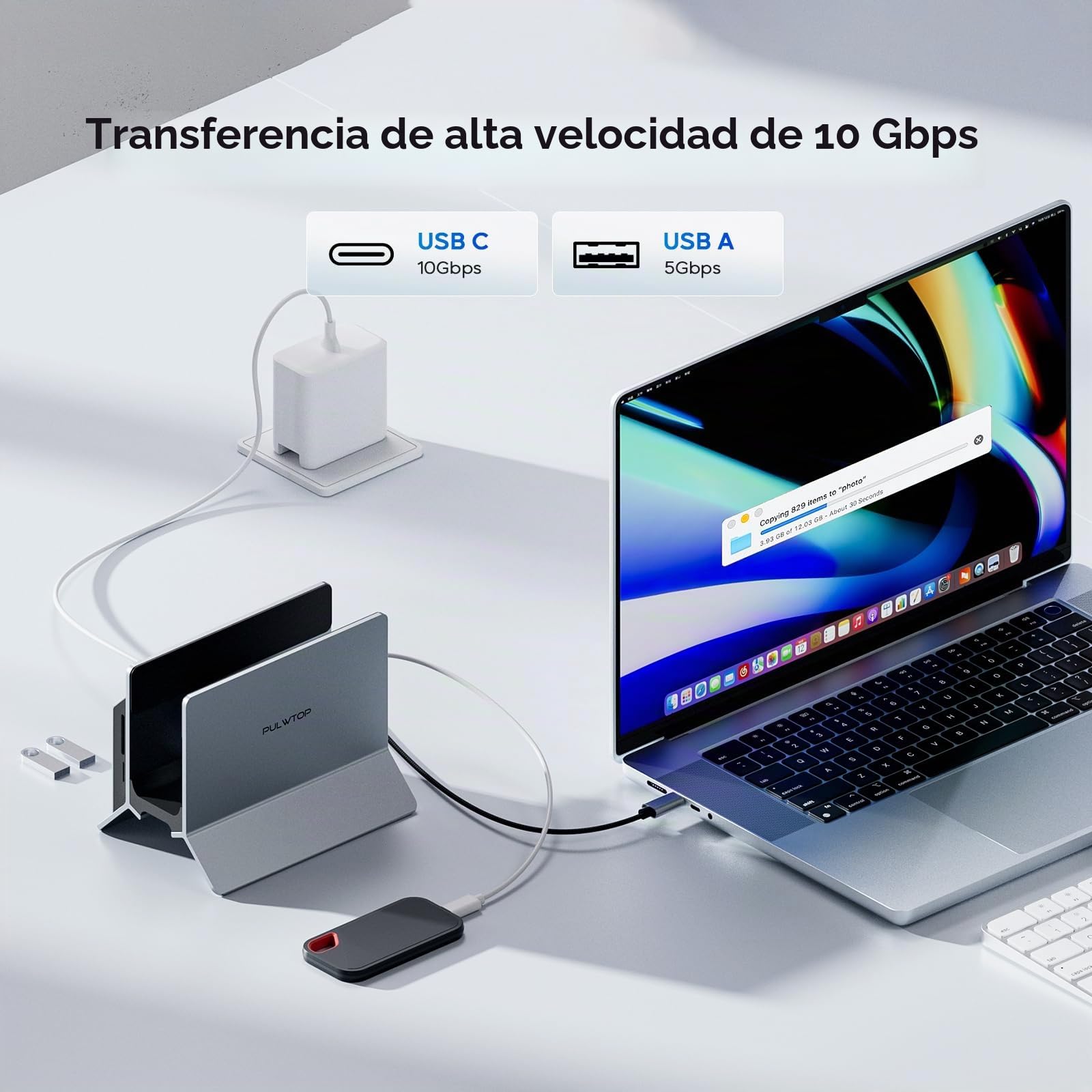 Estación de Acoplamiento Vertical para MacBook con Carcasa M.2 NVMe | PULWTOP Macbook Docking Station con M.2 NVMe SSD, HDMI 4K@60Hz, USB C 10Gbps, SD/TF, RJ45, para Windows y MacBook, Gris