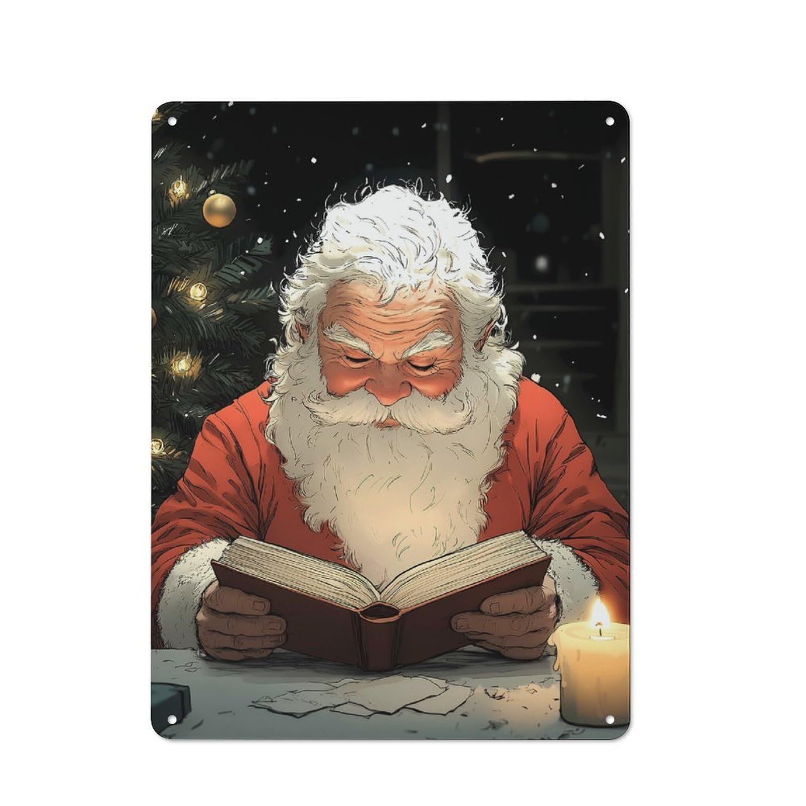 Santa Claus Reading by Candlelight Christmas Understated Metal Wall Decor 40x30cm, Decorative Metal Sign for Workspace, Cafe, Shop Or Desk Area