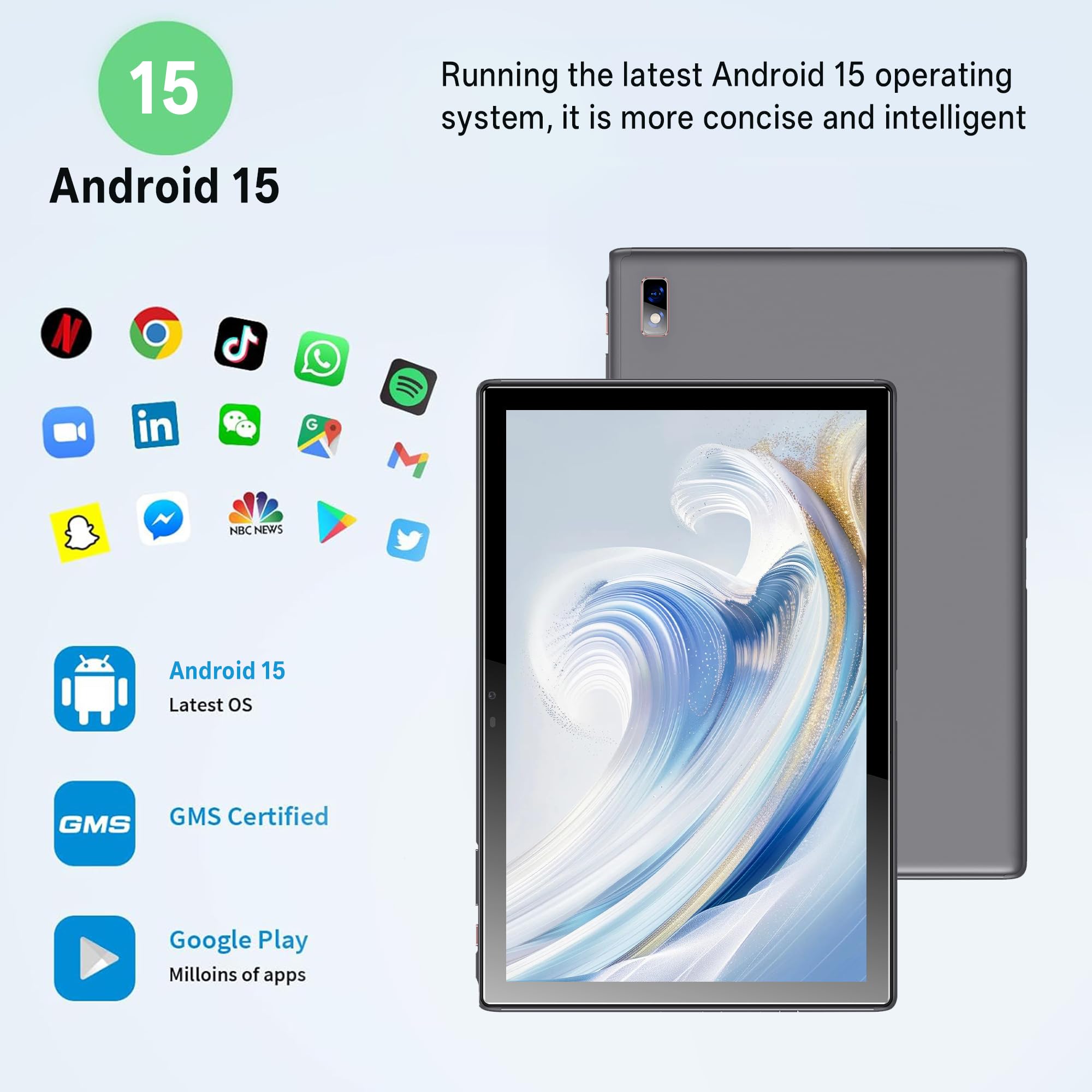 Tibtua Tablette 10,1 Pouces, Android 15, 8Go RAM + 64Go ROM(1 to Extensible) 5000mAh Batterie​, Quad-Cœur 5G WiFi Tablette Tactile, 5+13MP Caméra​, Bluetooth (​Gris​​)