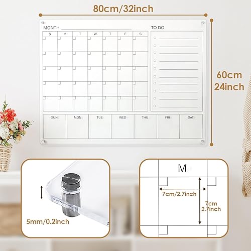 Miniatura 2 de MAKELLO Calendario mensual de acrílico transparente, pizarra de cepillado semanal de borrado en seco para familia, hogar, oficina, escuela con 4