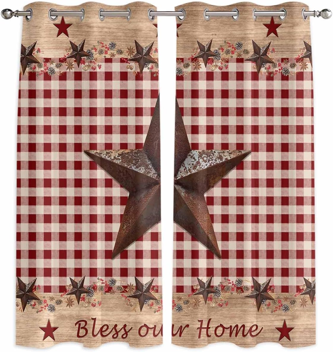 Texas Star Plaid Window Curtains Panels with Silver Grommet,Farmhouse Black Brown Texas Vintage Kitchen Cafe Curtain Draperies Window Treatment Set for Living Laundry Room/Bedroom/Bathroom/Cafe,84x84