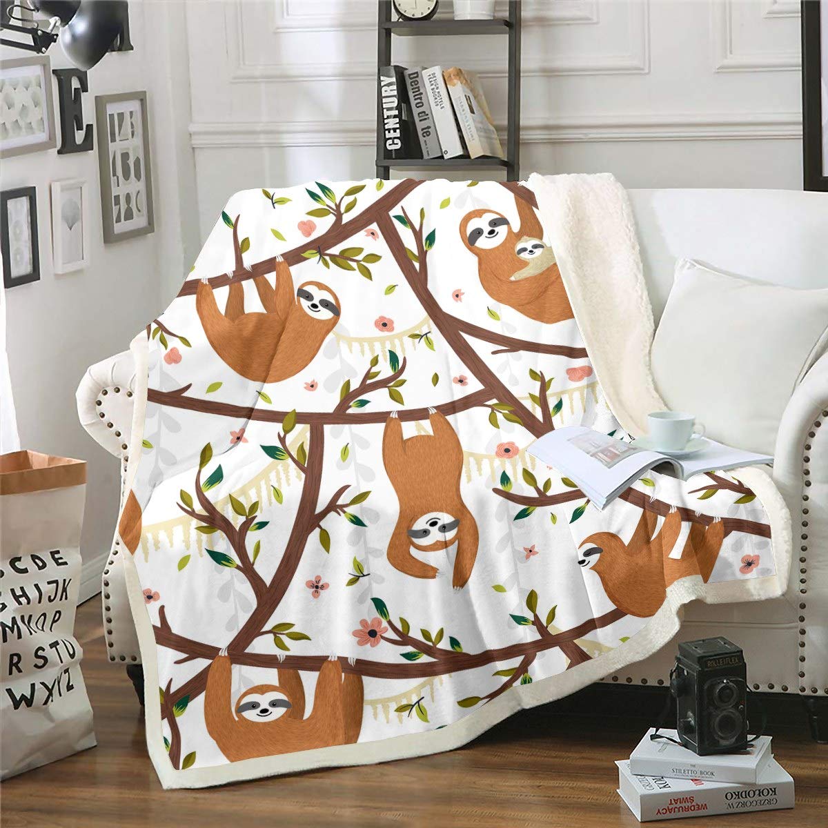 Loussiesd Multicolored 13227 Kids Sloth Plush Throw Blanket - Brown Sloth Fleece Blanket For Couch & Sofa - Cute Animal Pattern Sherpa Double 60X79