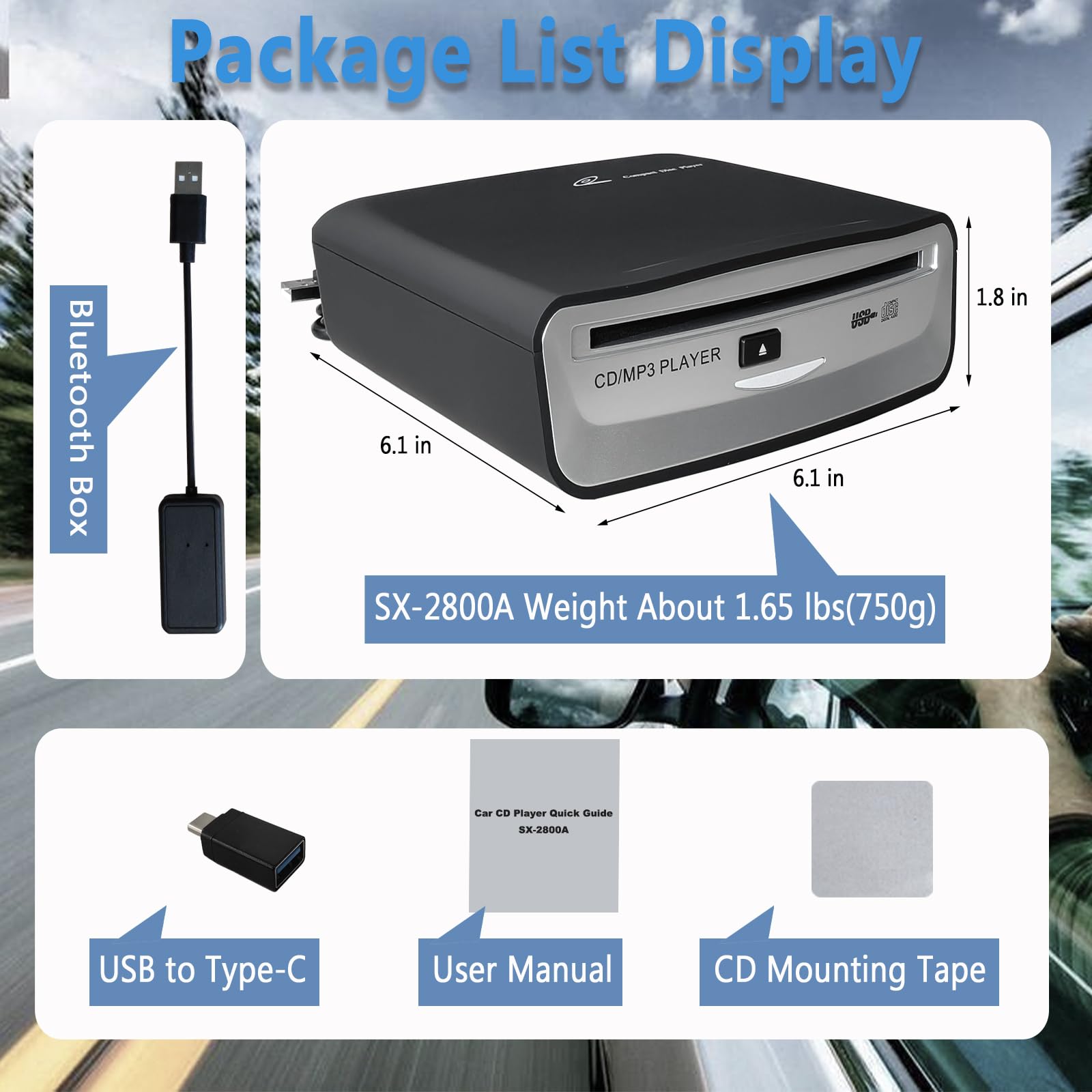 Reproductor de CD para coche con modo alternativo Bluetooth, reproductor de disco universal en el salpicadero para vehículos, solución de conectividad dual para sistemas USB no reconocidos