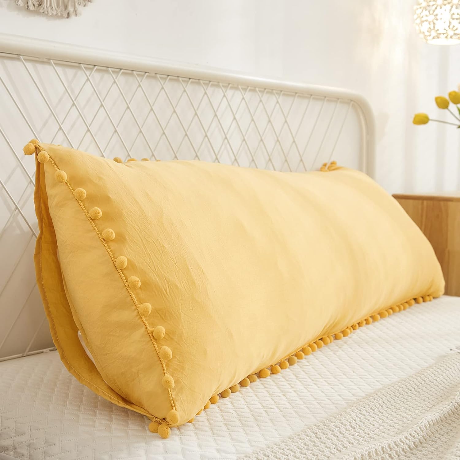 Yellow Body Pillow Cover Boho Body Pillow Cover Ginger Yellow Pom Poms Fringe Design Body Pillowcases 20x54 Inches Decorative Long Pillow Case