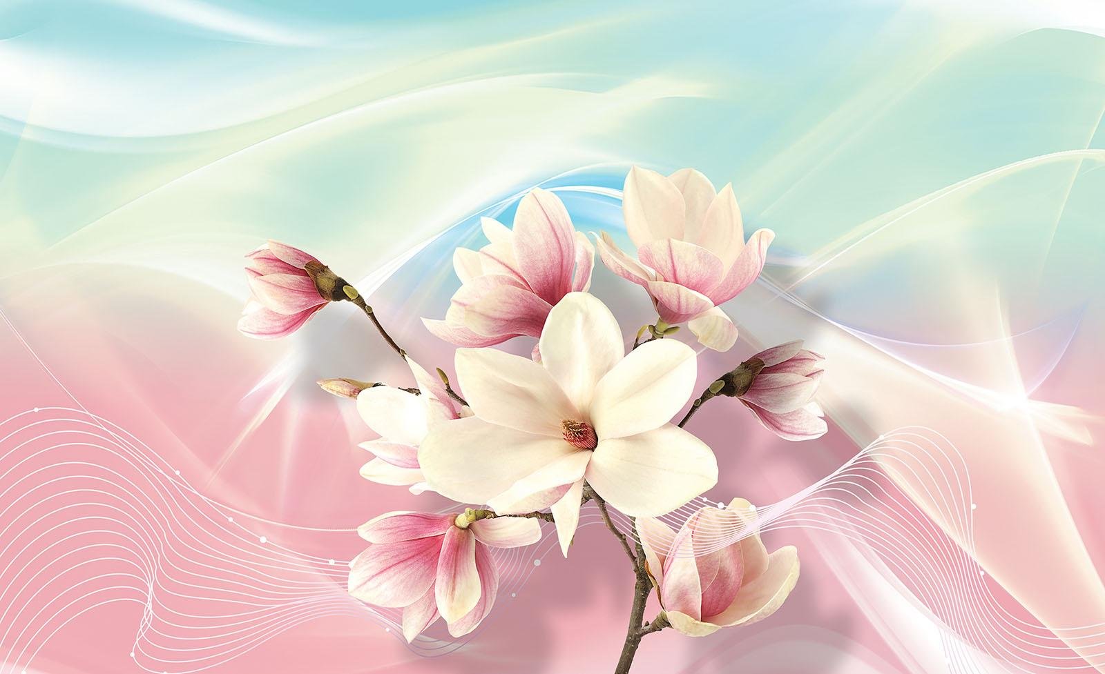 Wallarena | Papier Peint Intissé 130 G/m² | Spring Blooming Fleurs | 20001 _ Ve-aw | Nature Plante Rose Blanc Arbre Flocon Magnolia, Pink,white, VEL (152,5cm. X 104cm